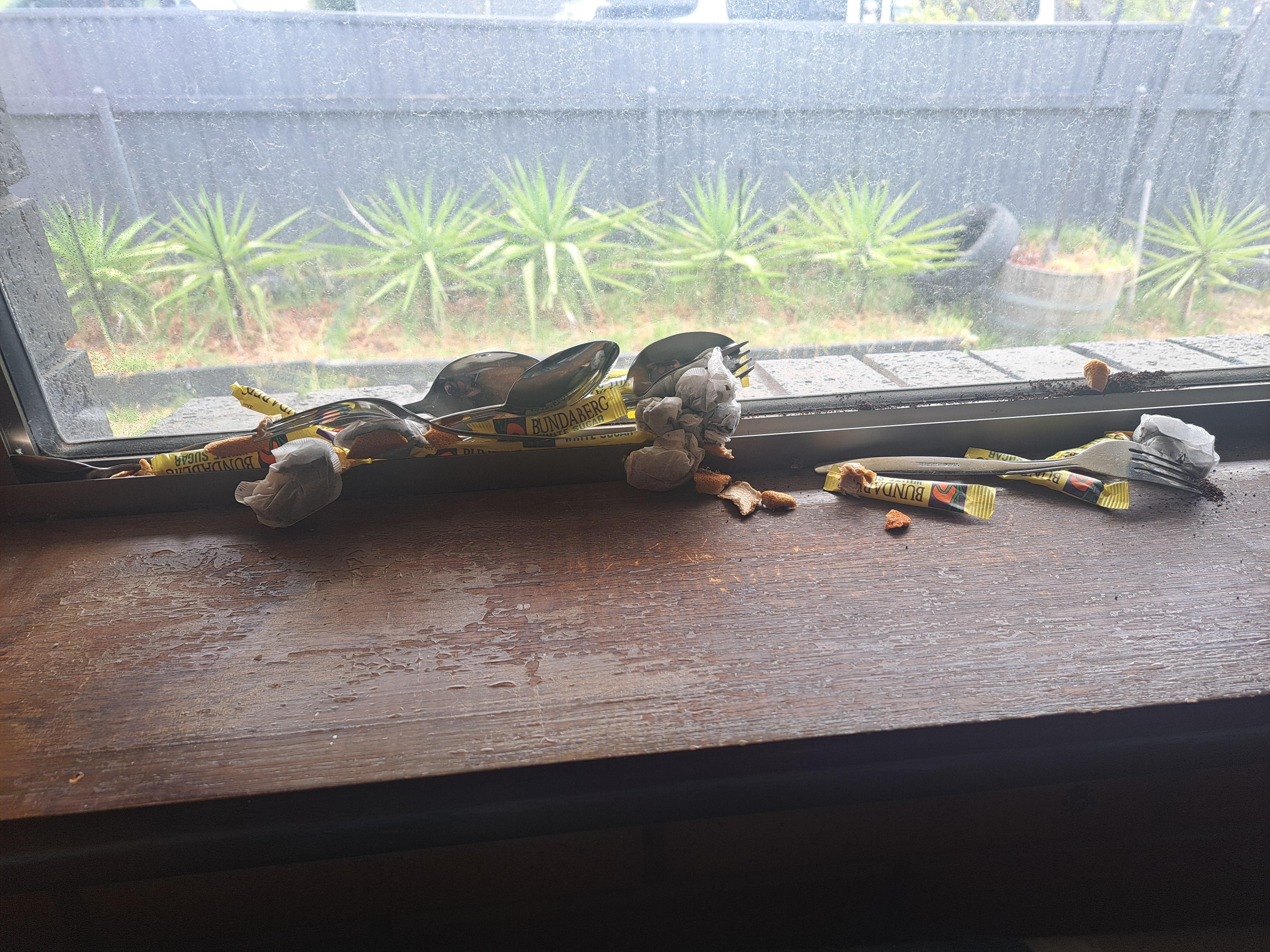 This is the worst part. Dirty cutlery, empty sugar packs, dried orange peel. Foul. This was all jambed in the windows sill above the bunks. It must have been there for weeks. Clearly our room was not cleaned before we stayed
