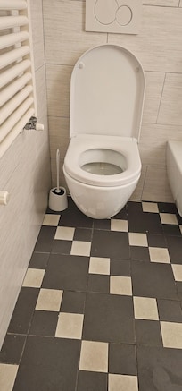 Toilet tight against wall with paper up on shelf behind you.