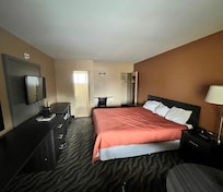 Descent sized room for two guests. TV, microwave, mini fridge, coffee maker and iron and board available.