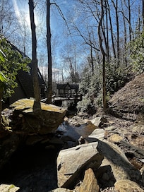 View of the outdoor living space from the creek