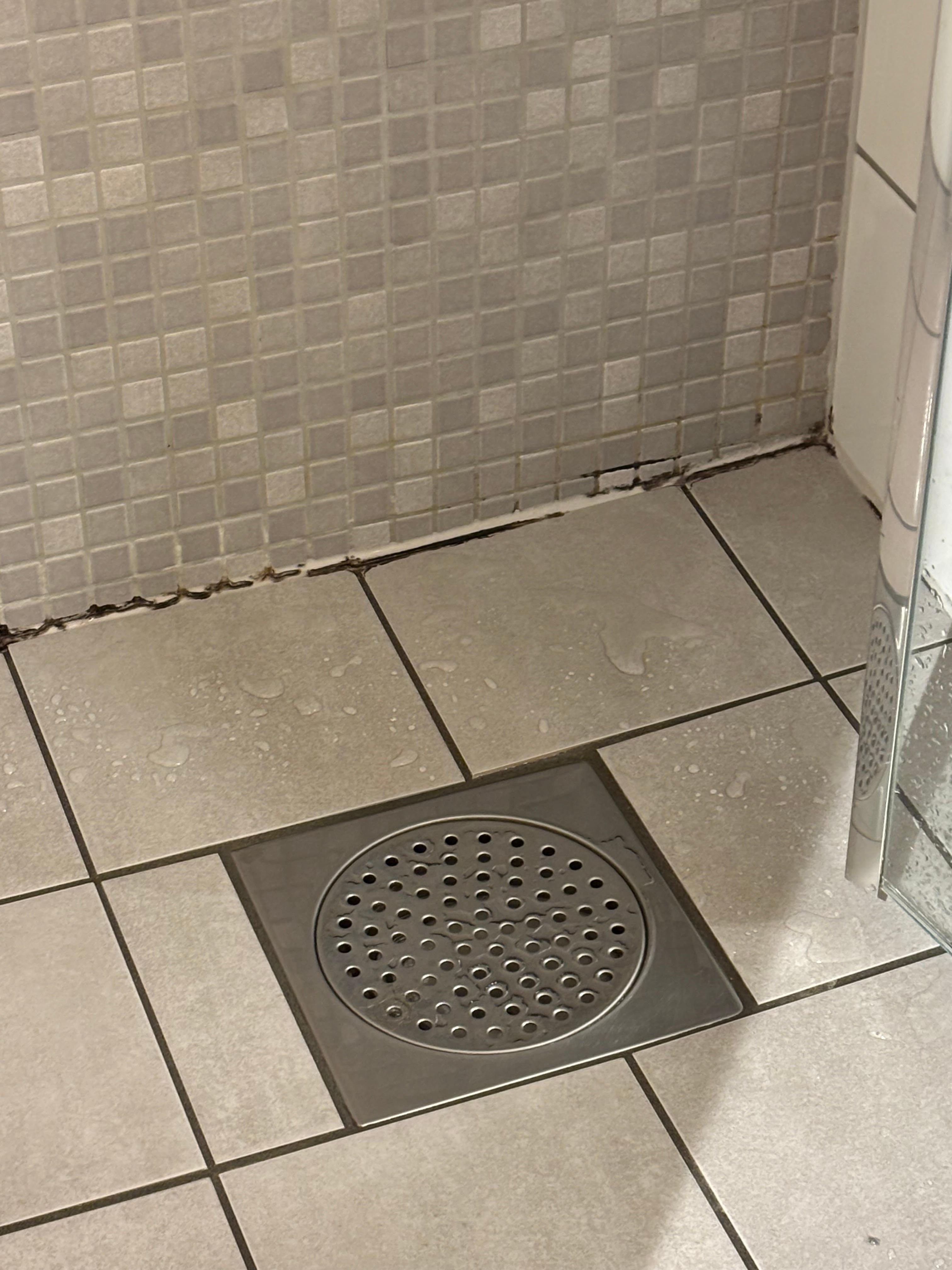 Veggen i dusjen bar preg av dårlig vedlikehold.