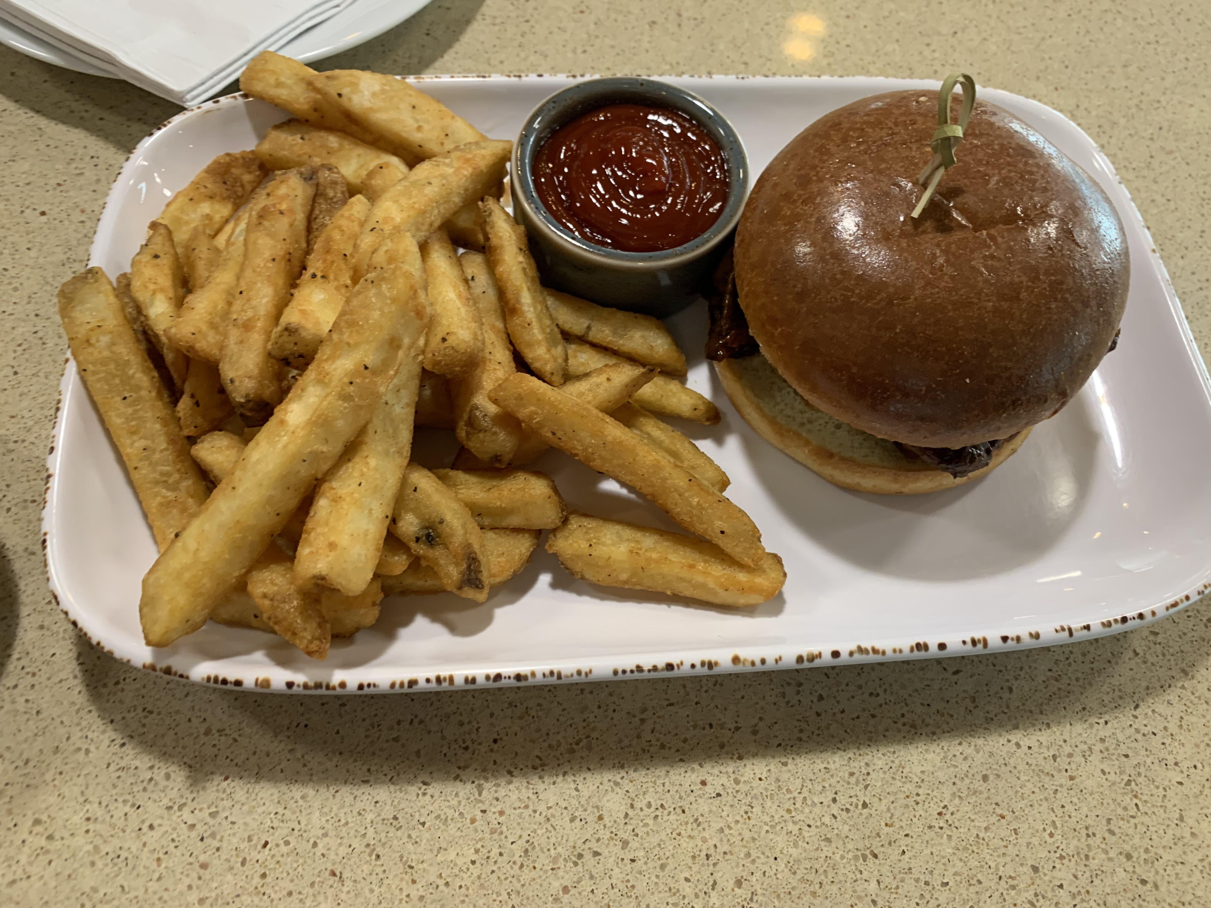 Bistro Burger (with bacon and caramelized onions) and seasoned fries