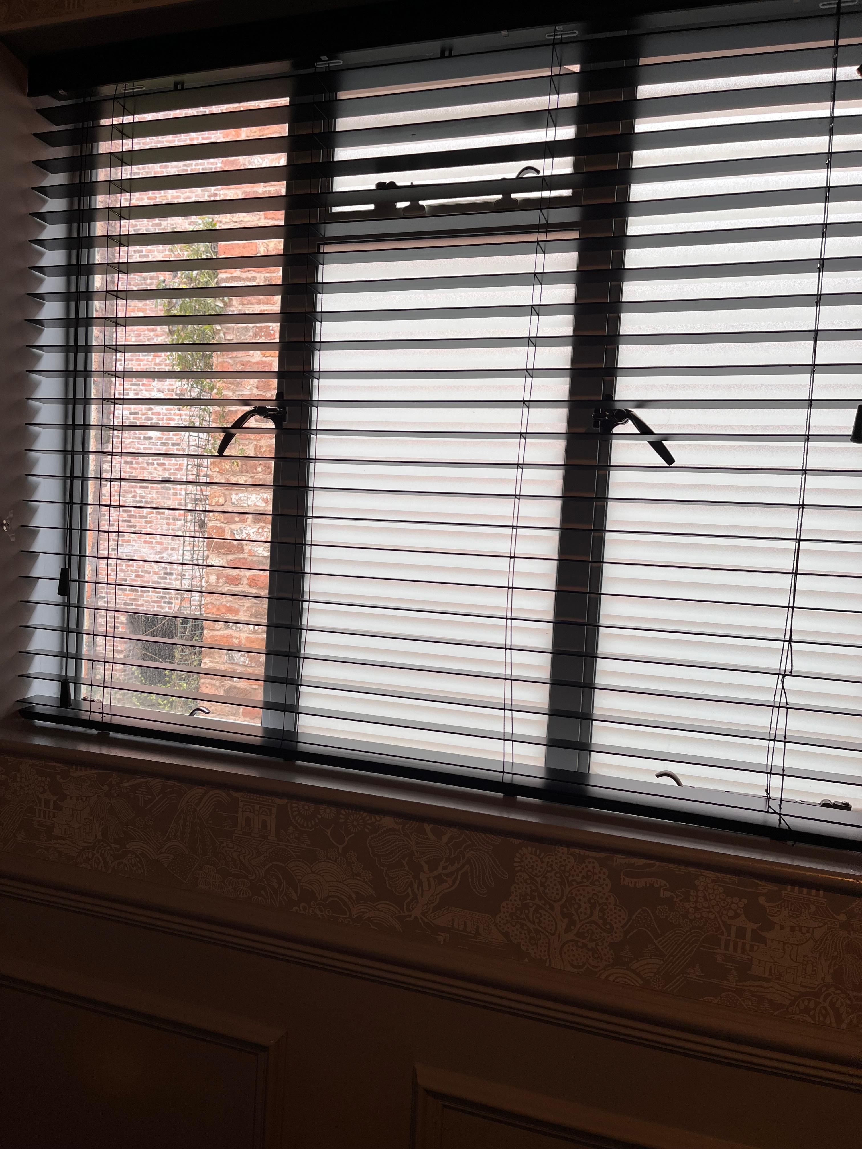 Blinds no curtains one window panel didn’t have window film on and outside was full of weeds and rubbish 