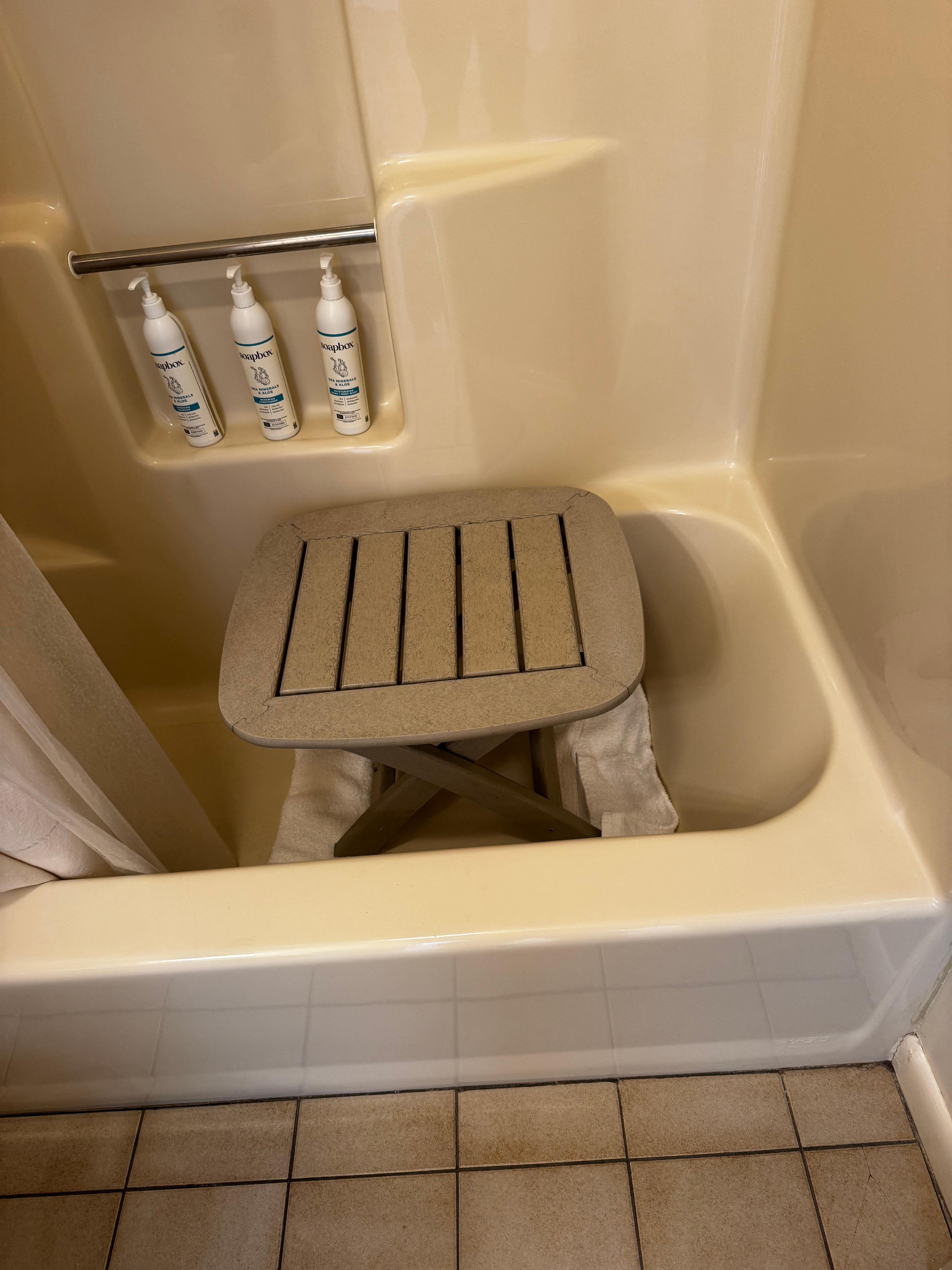 Table from deck we used for shower bench 