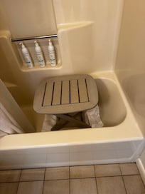 Table from deck we used for shower bench