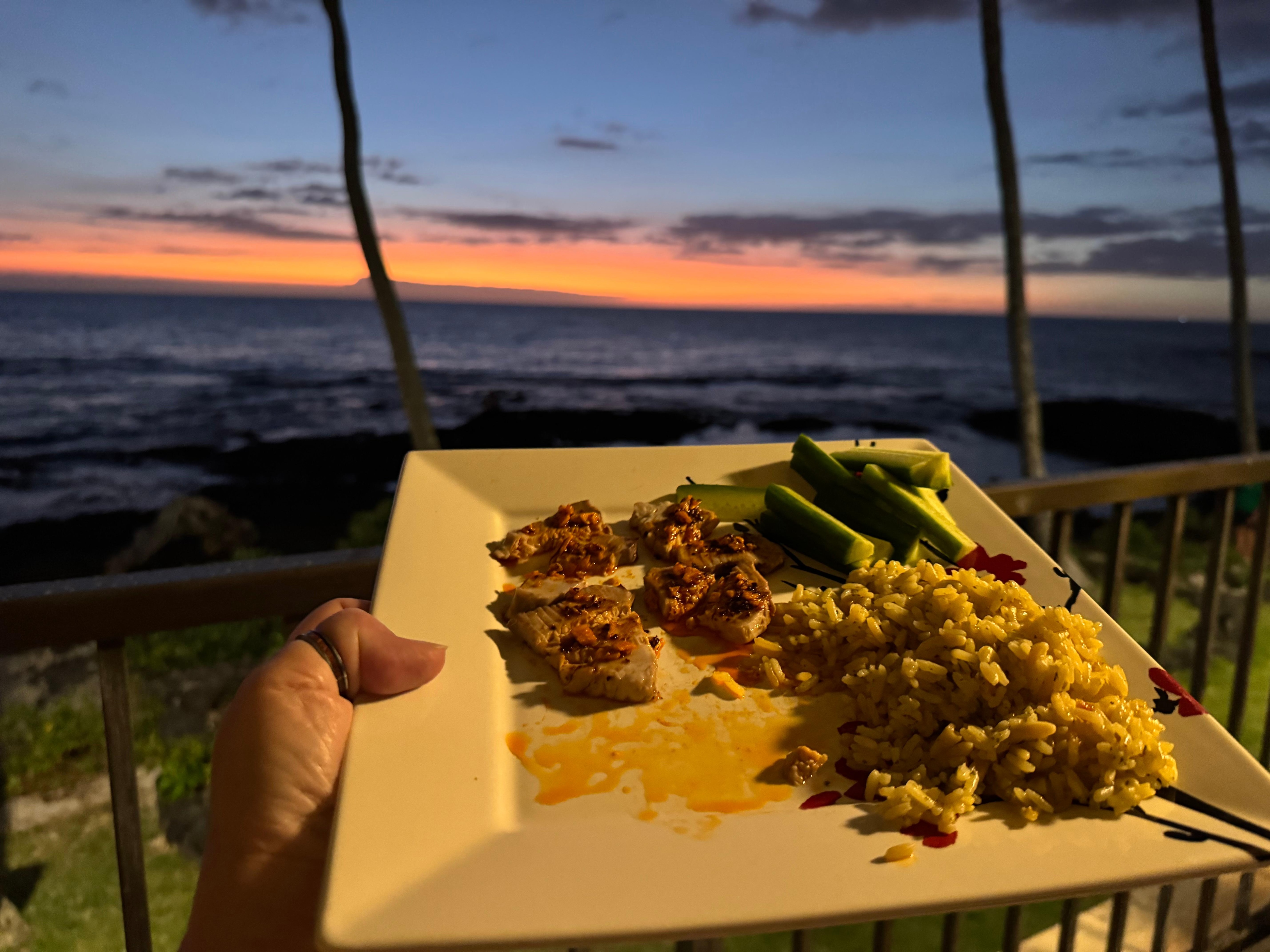 Our yellow fin tuna we caught earlier that day grilled on the barbecue on the property 