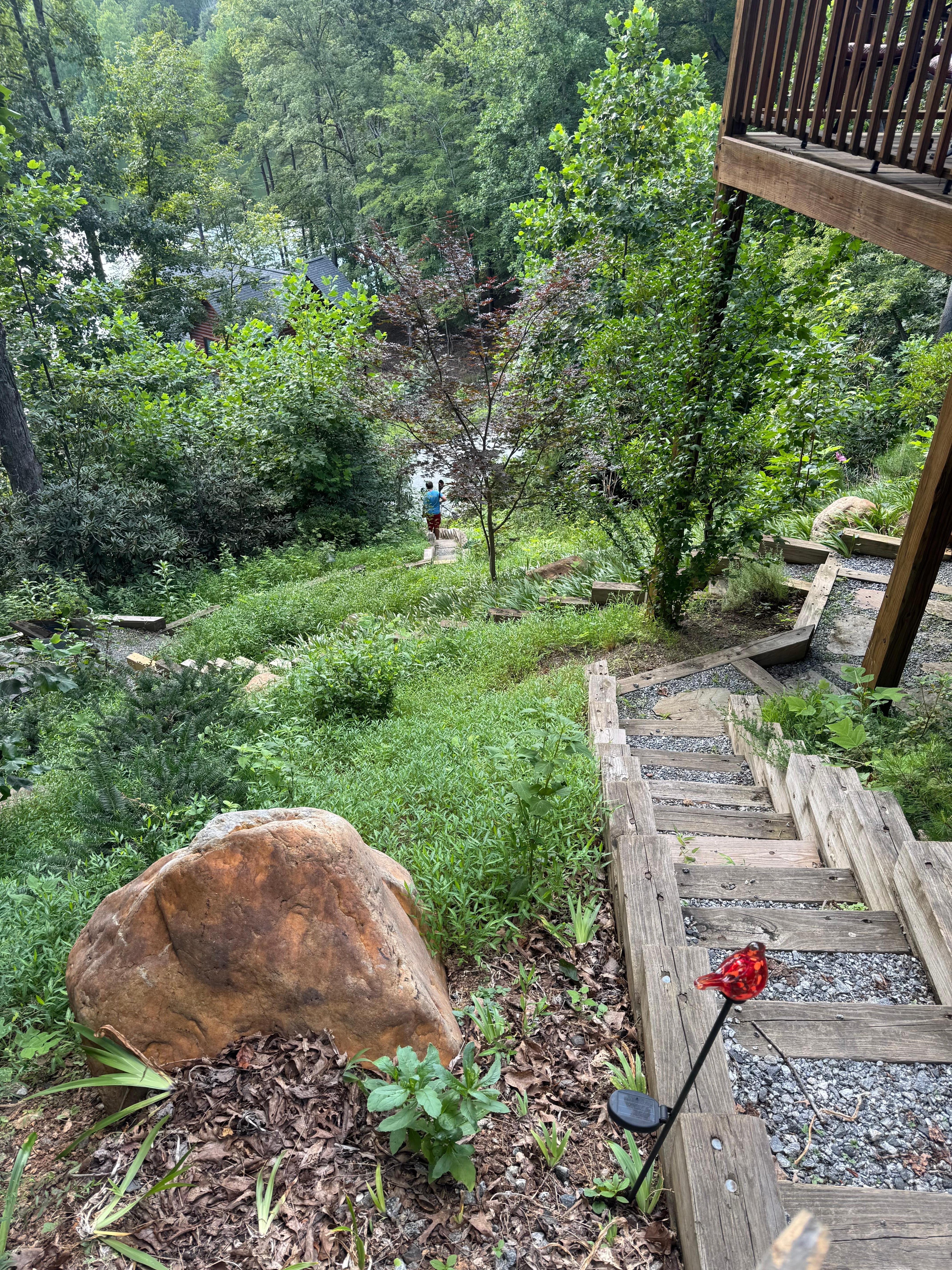 Stairs lead from the cabin down to the road where you can access the lake. You don't have to drive!
