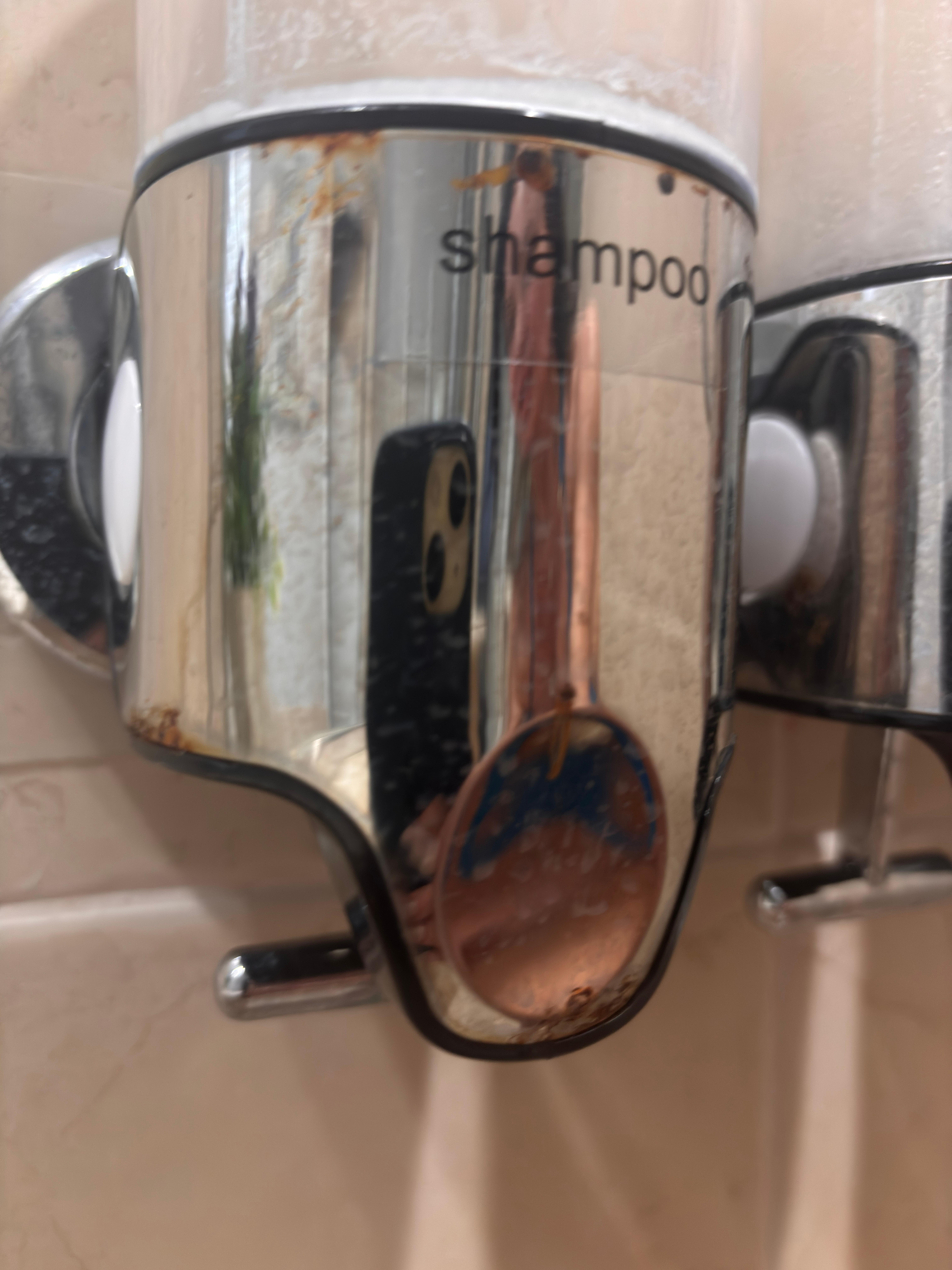Rusty dispensers through every shower except for one. 