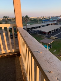 Bird feces carry diseases. Droppings seen all across railing, all over balcony flooring and corners