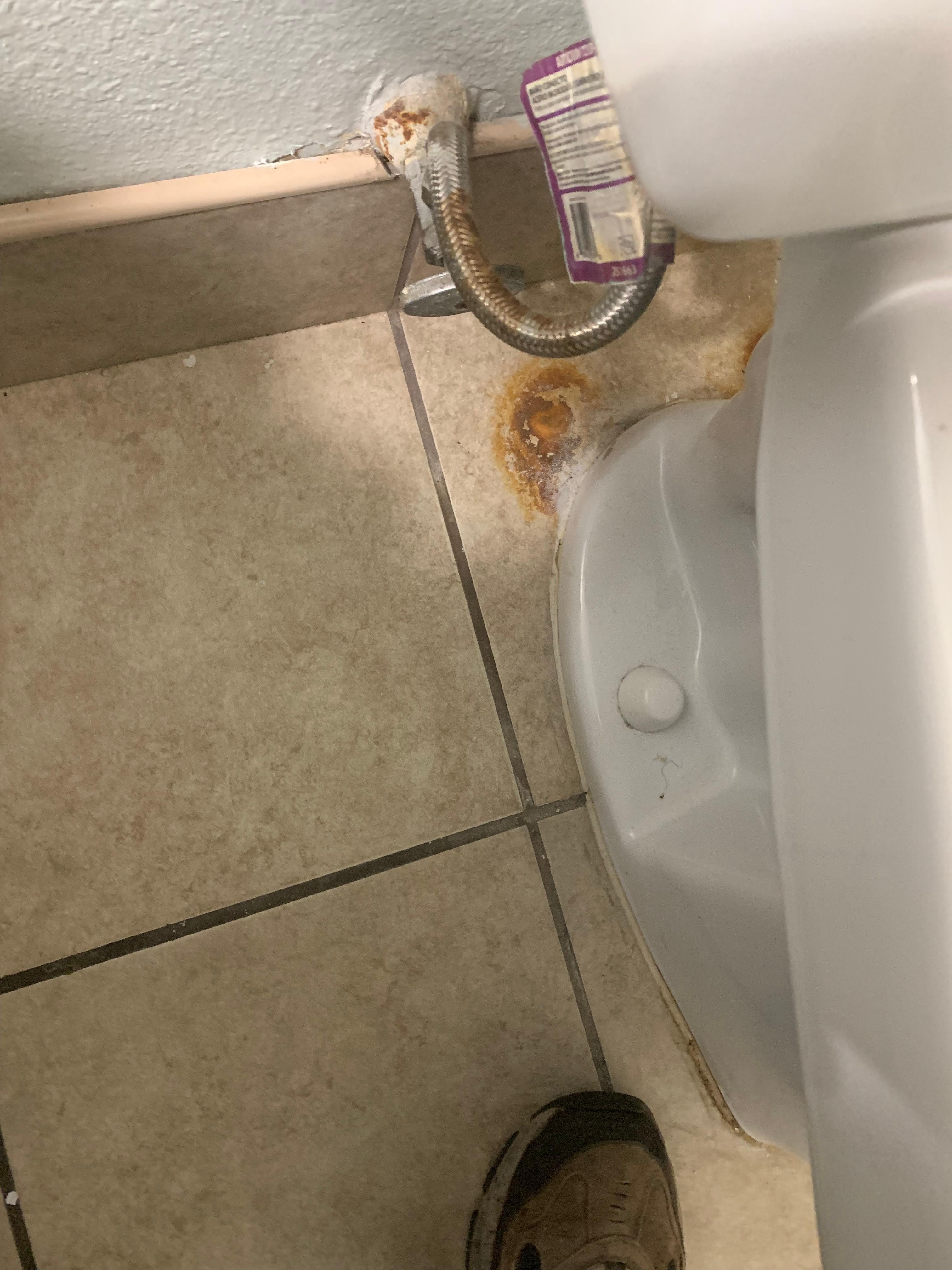 Stains on the floor behind the toilet