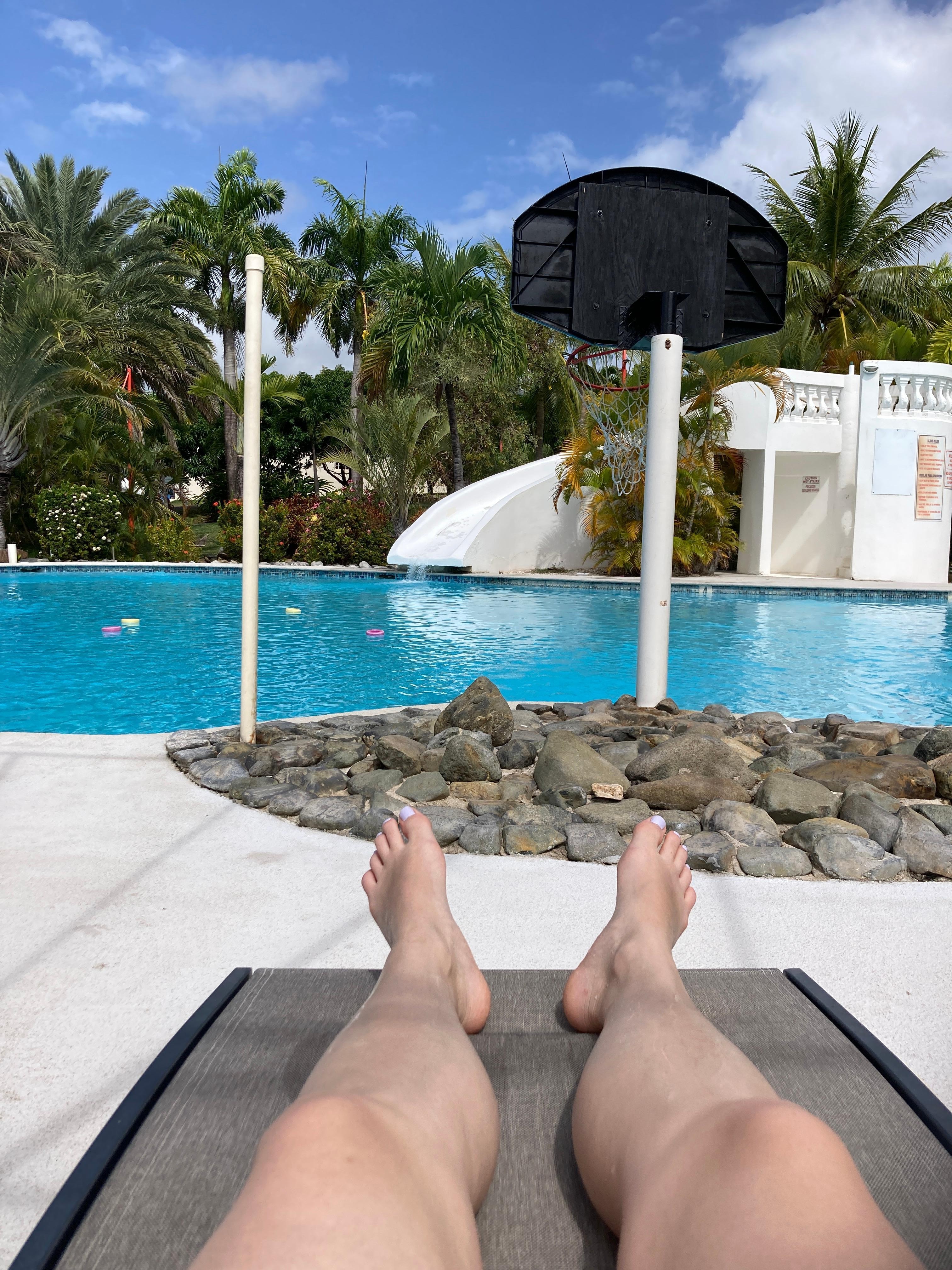 Larger pool, waterslide and basketball hoop