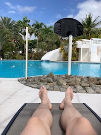 Larger pool, waterslide and basketball hoop