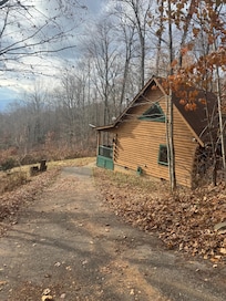 Looking down the driveway to the cabin.