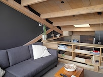 View from the living room in the galley kitchen.