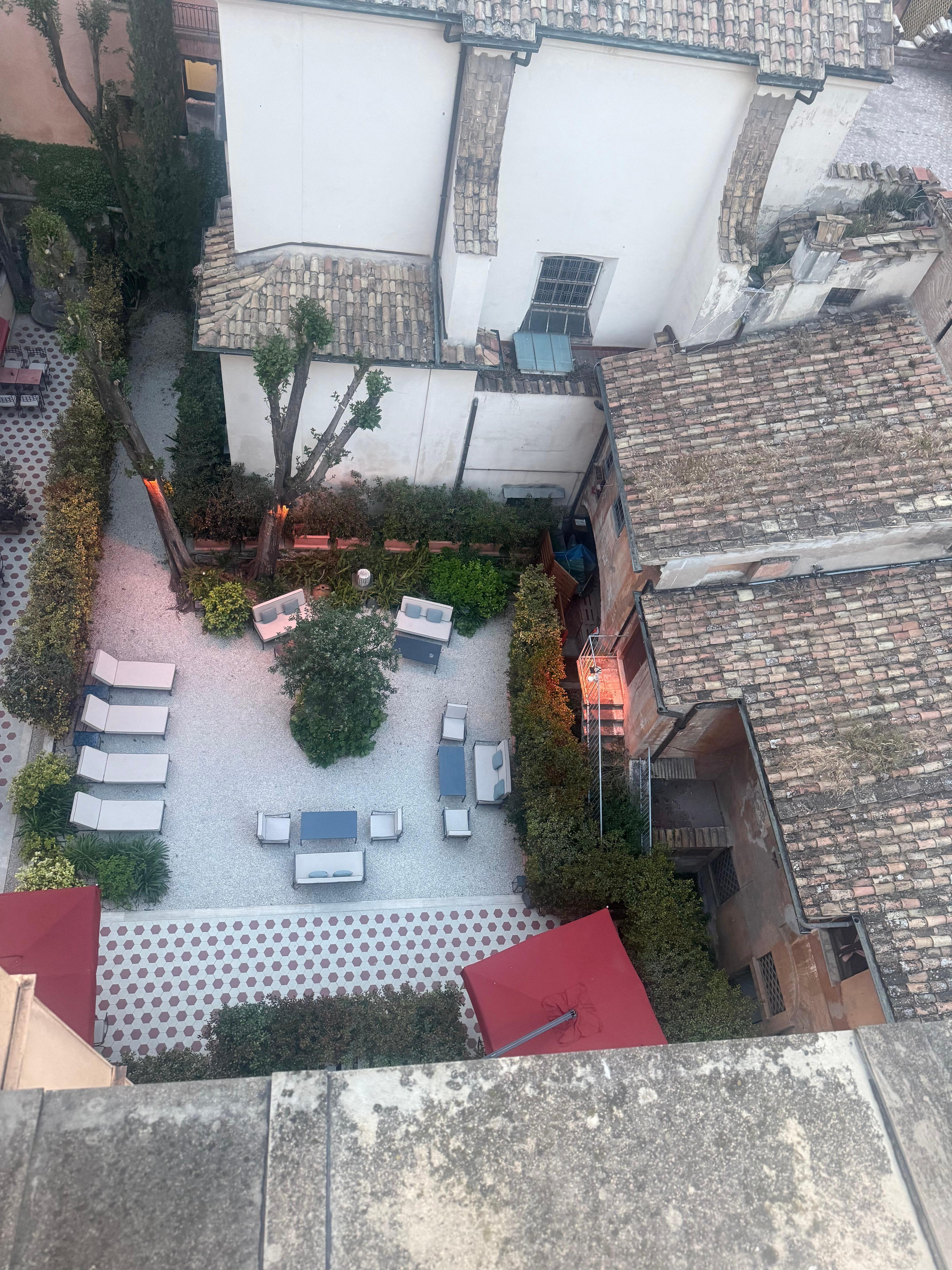 A rooftop view into the courtyard