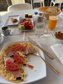 Breakfast at the hotel, served by Marios himself. Always great!