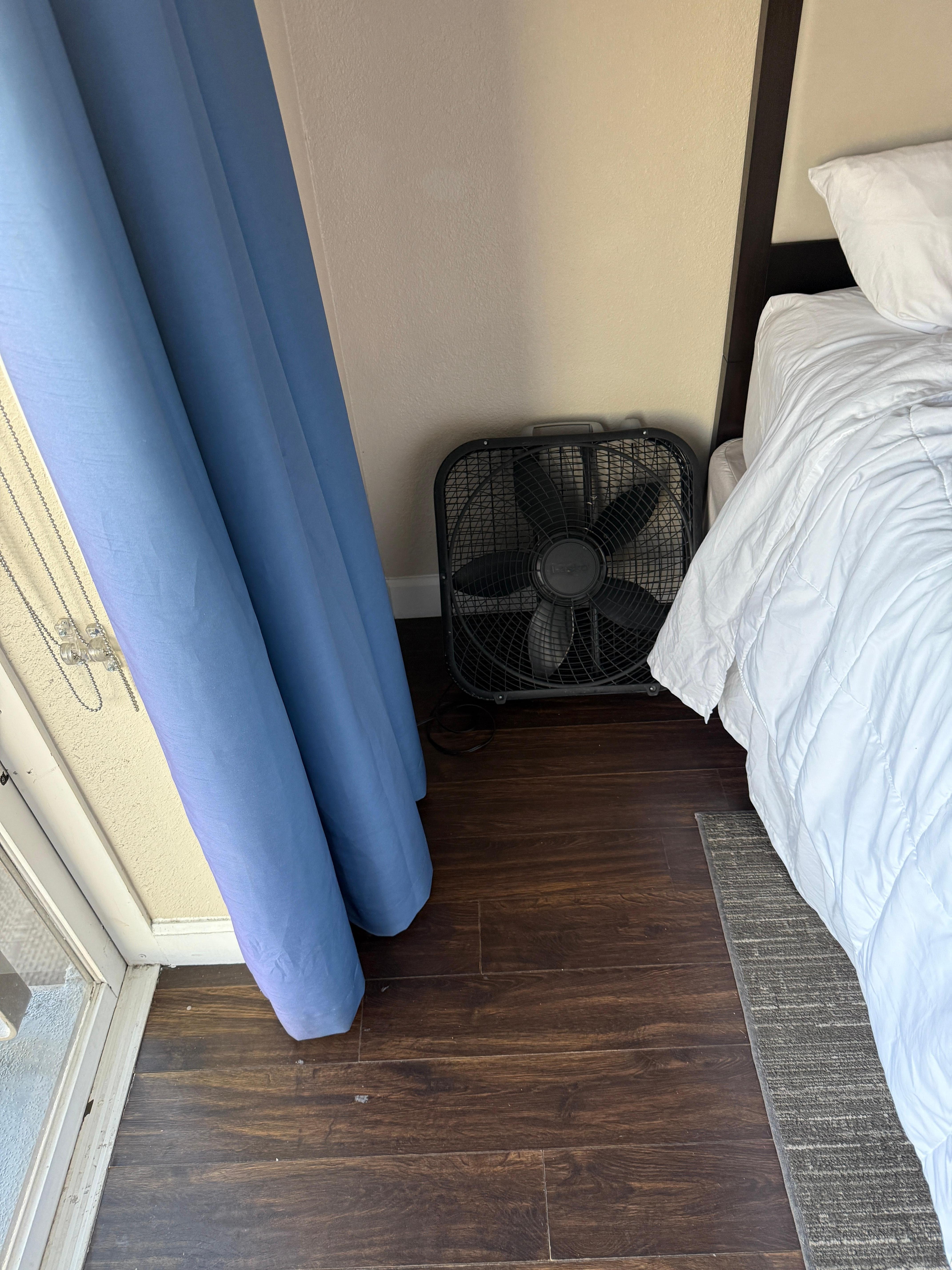 Fan provided by a staff member to help assist with the heat in the room. 