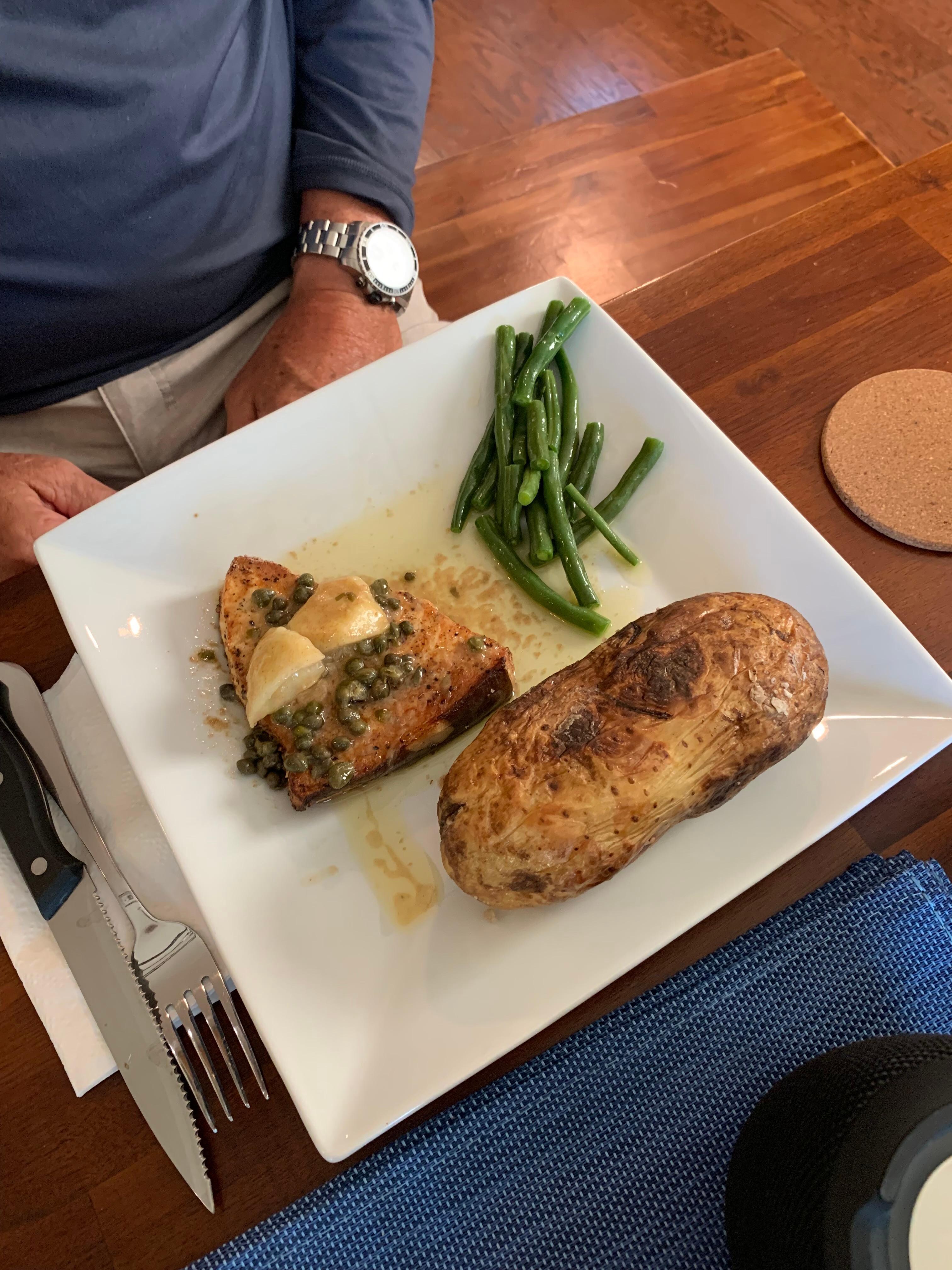 Our fancy dinner of swordfish, beans from the farmers market and baked potato.