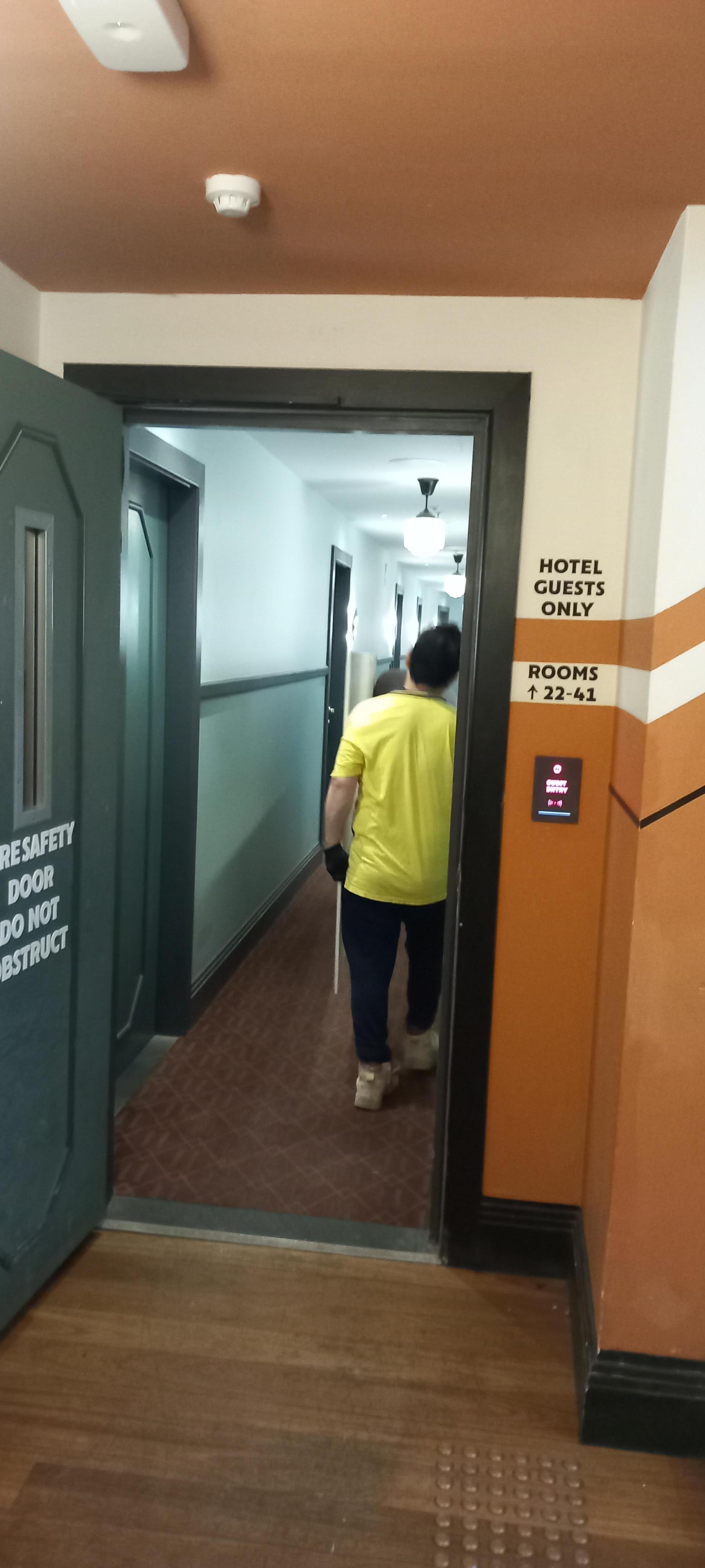 Construction workers in corridors