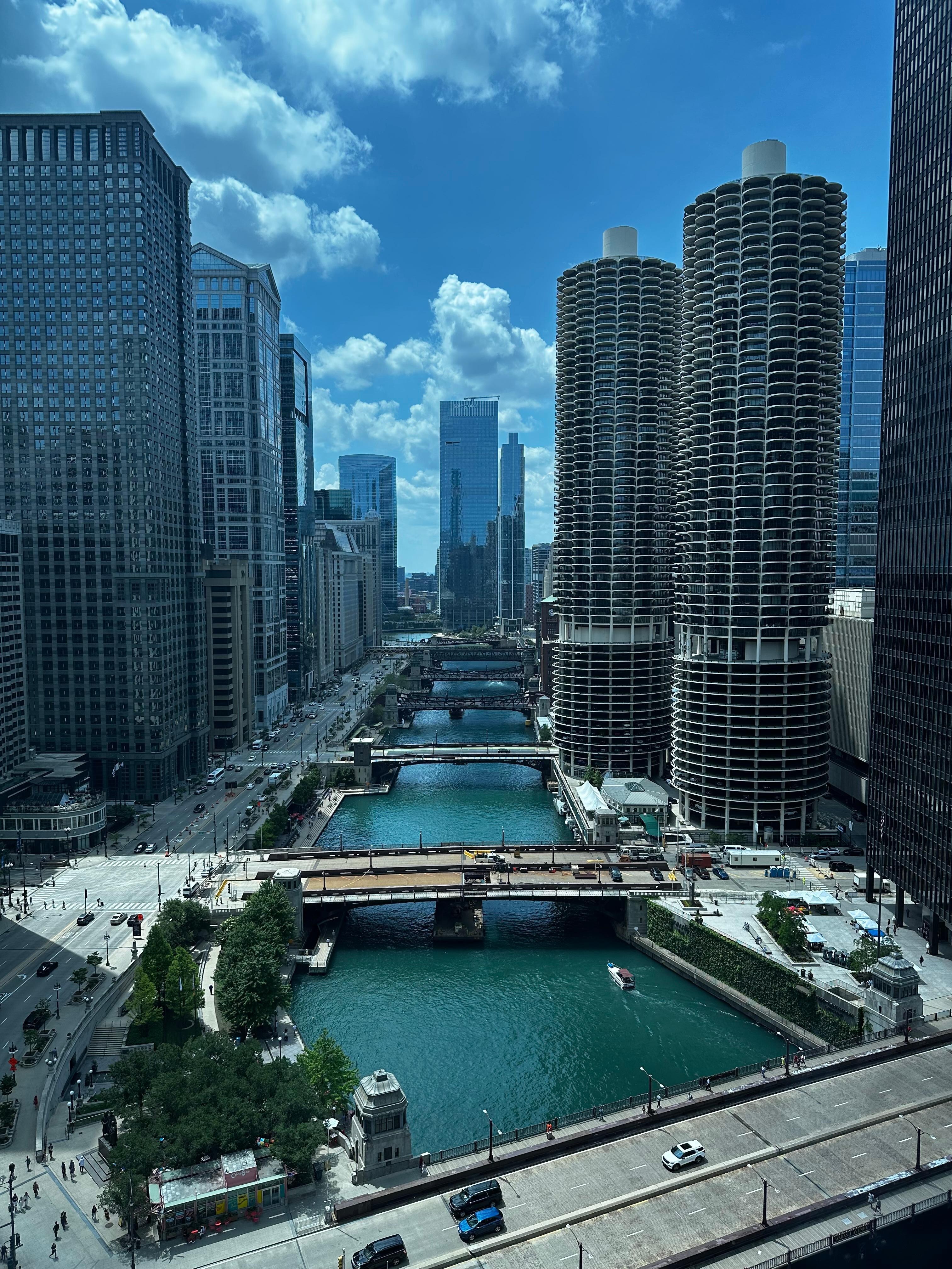 Awesome view from our room of the Chicago river and Bridges.