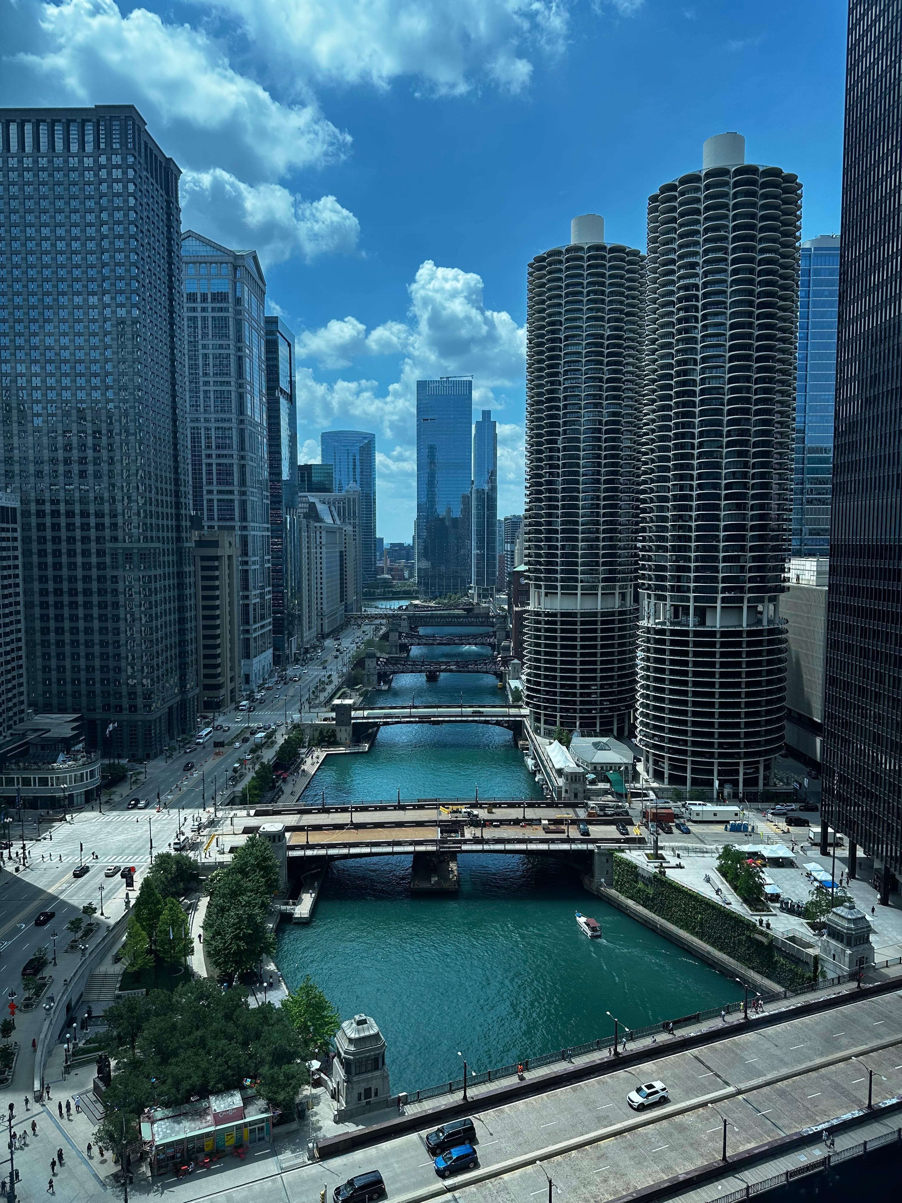 Awesome view from our room of the Chicago river and Bridges.