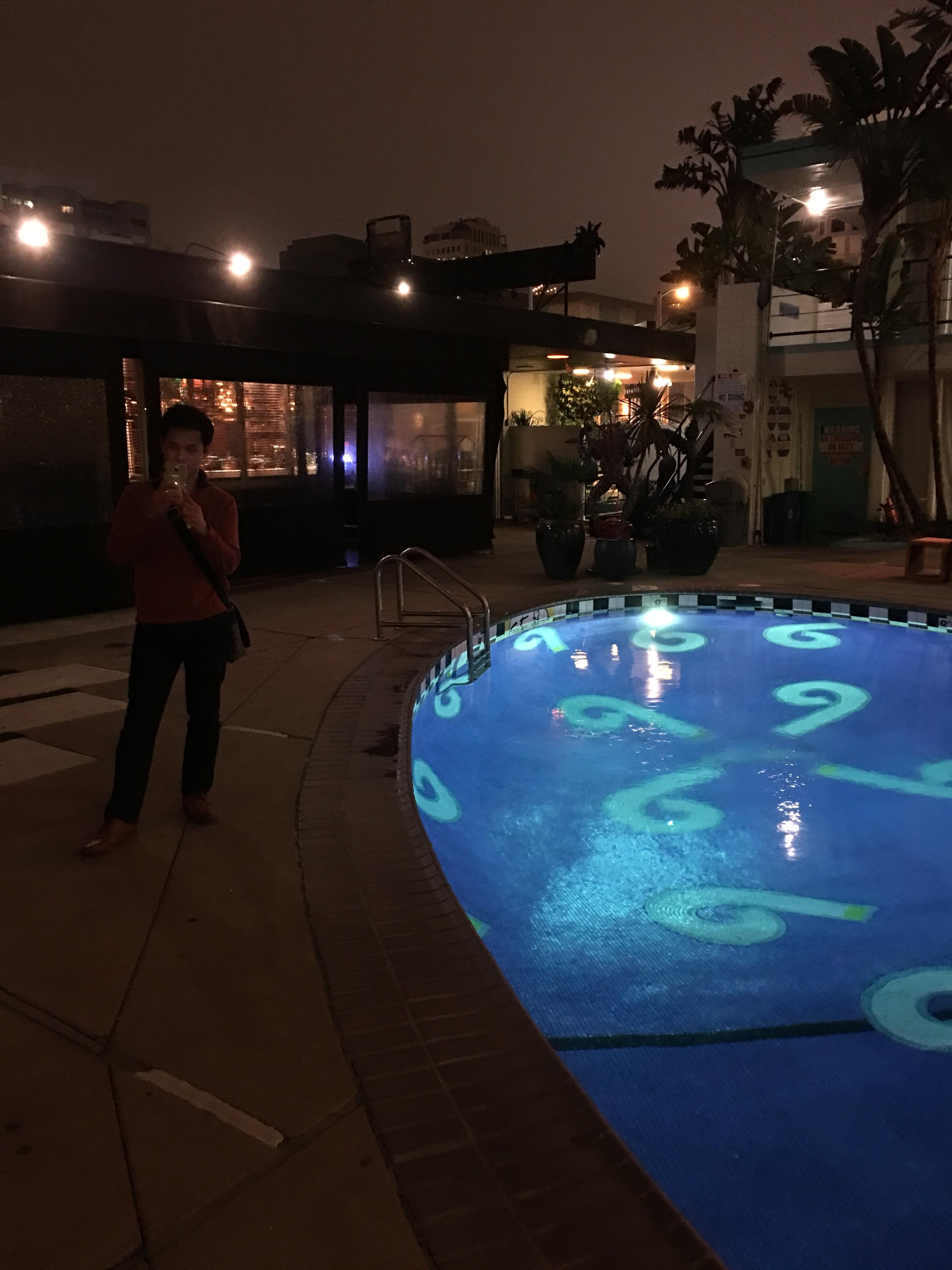 At night by the pool