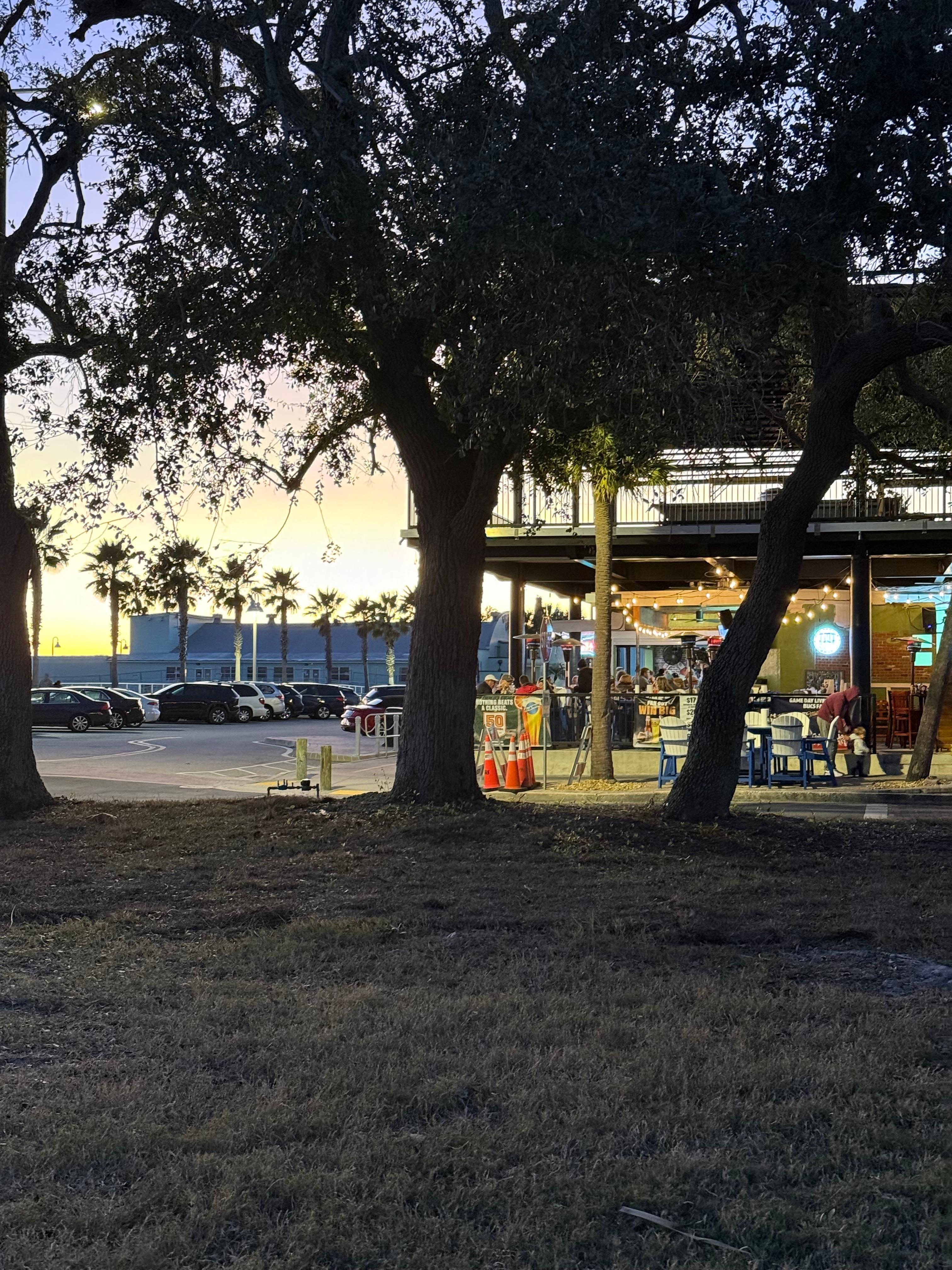 Walking from the rental across the park toward O'Maddy's, great food and happy hour spot.