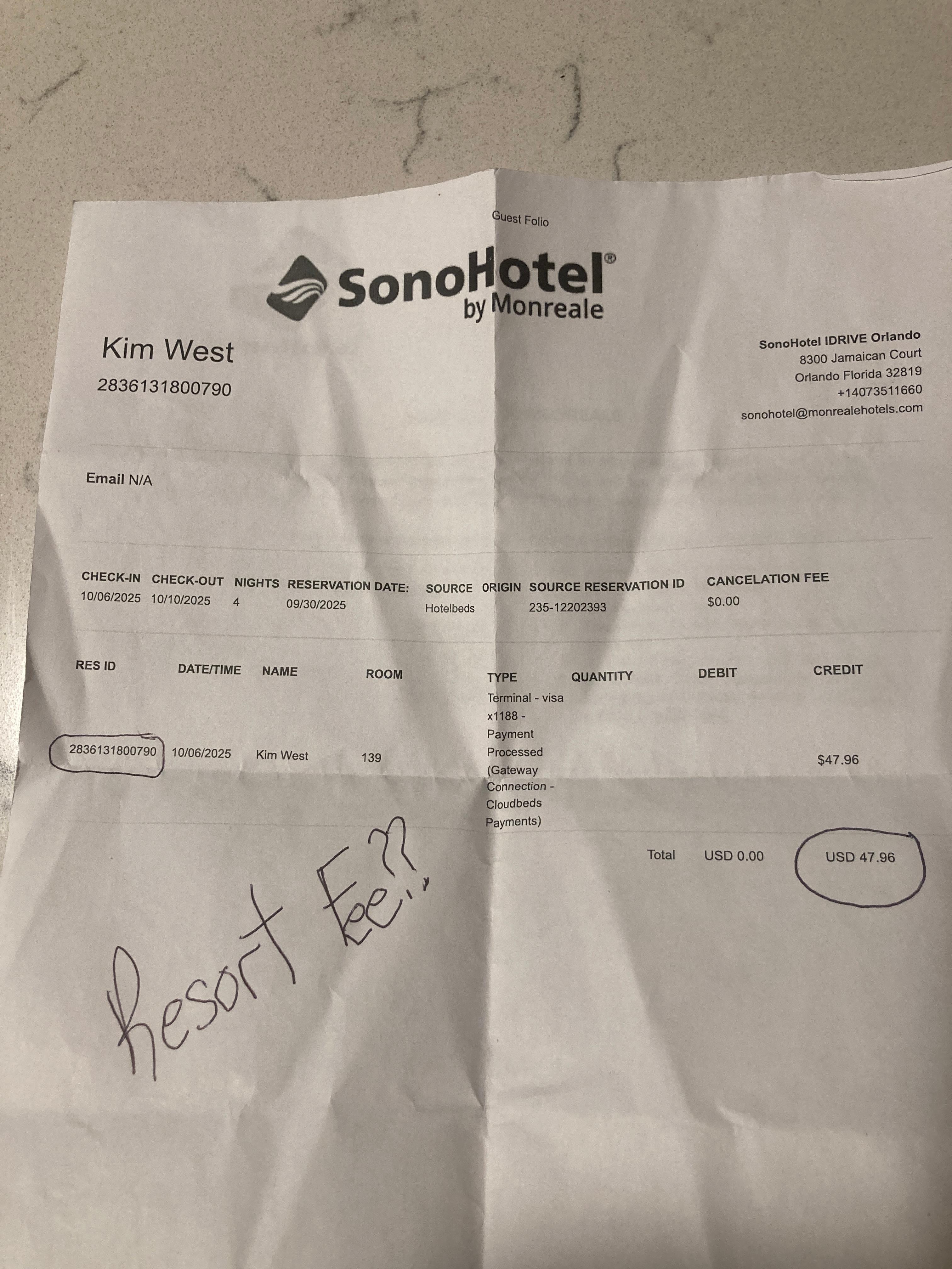 Receipt at checkin for additional required payment.