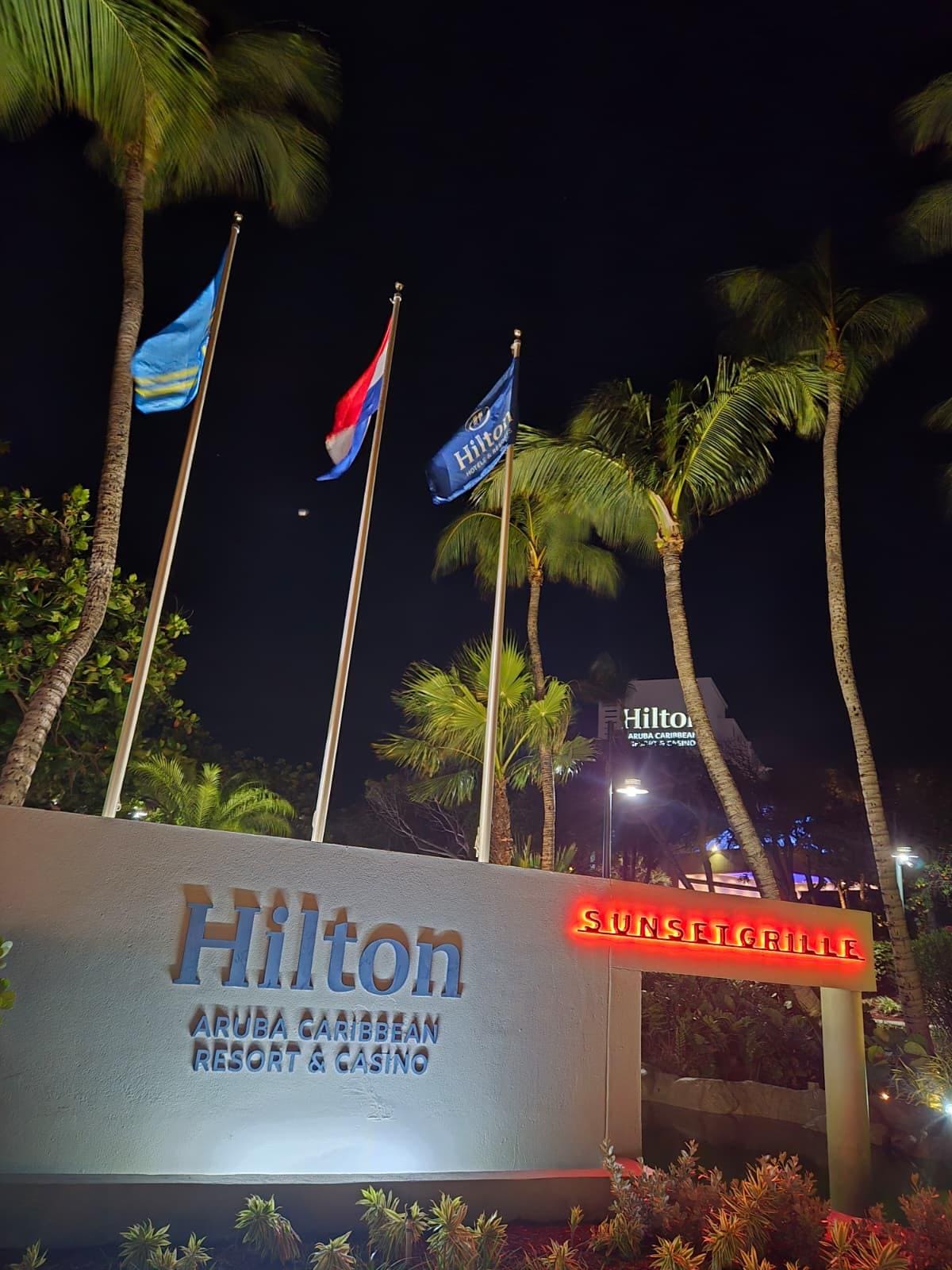 Front of Hilton at night