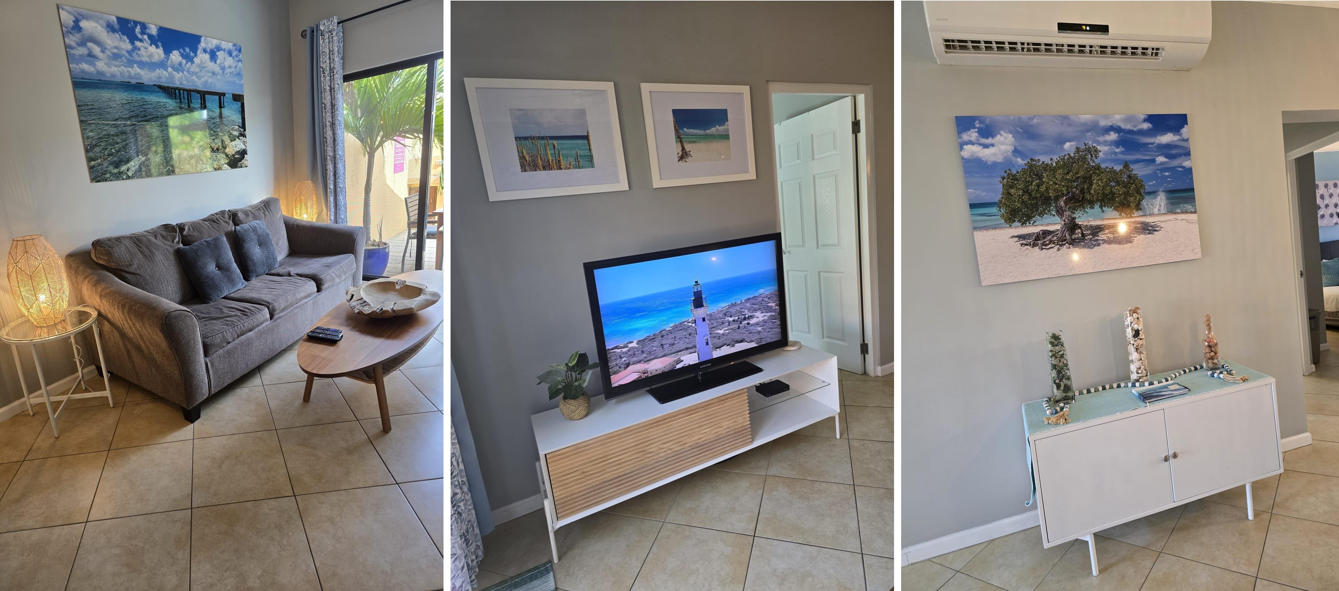 Living Room Area with TV and Beautiful Dining Area Decor
