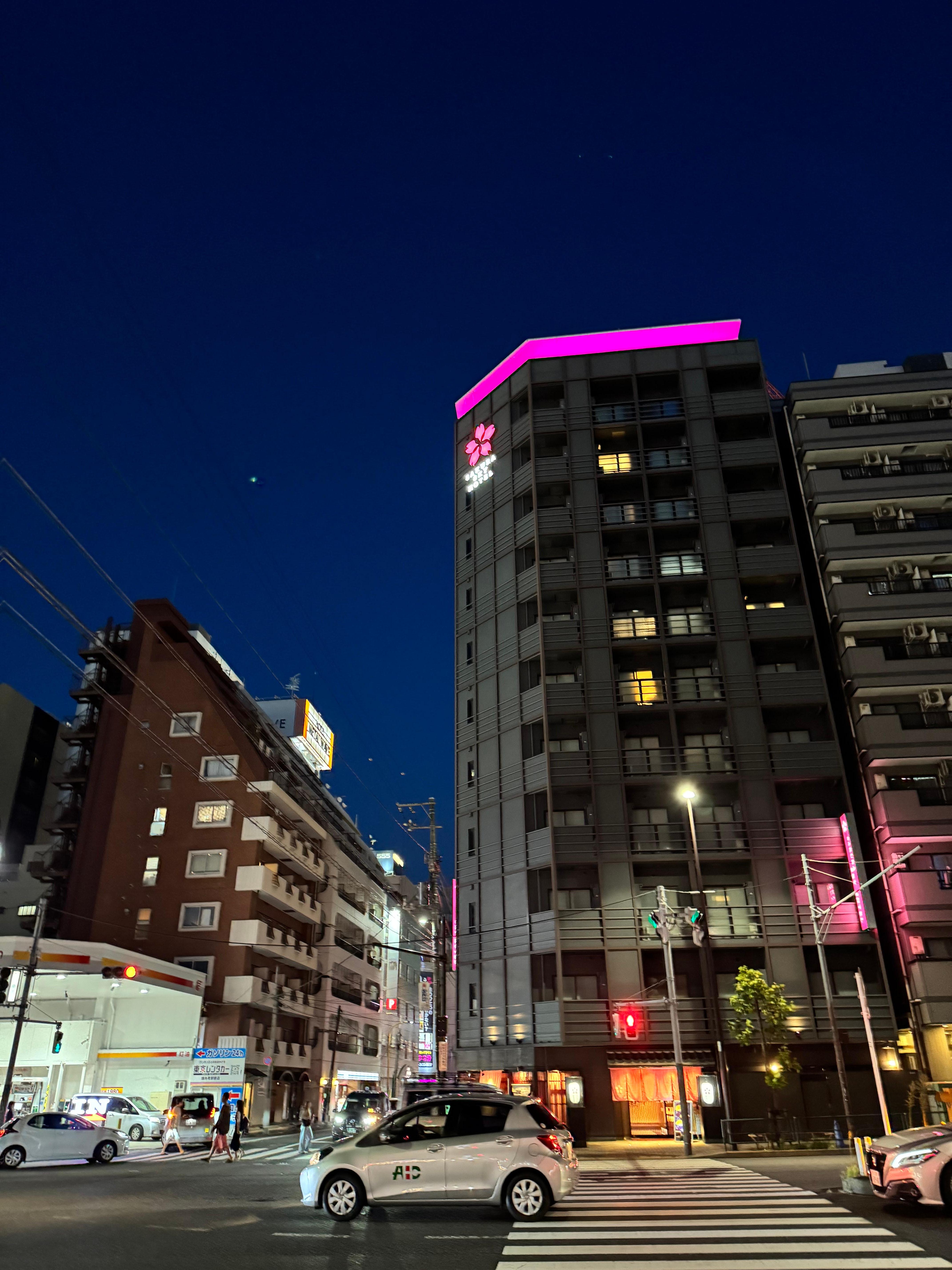 Night view of hotel inside . Uber and taxis drop you off either right in front or small side street . Very easy. 