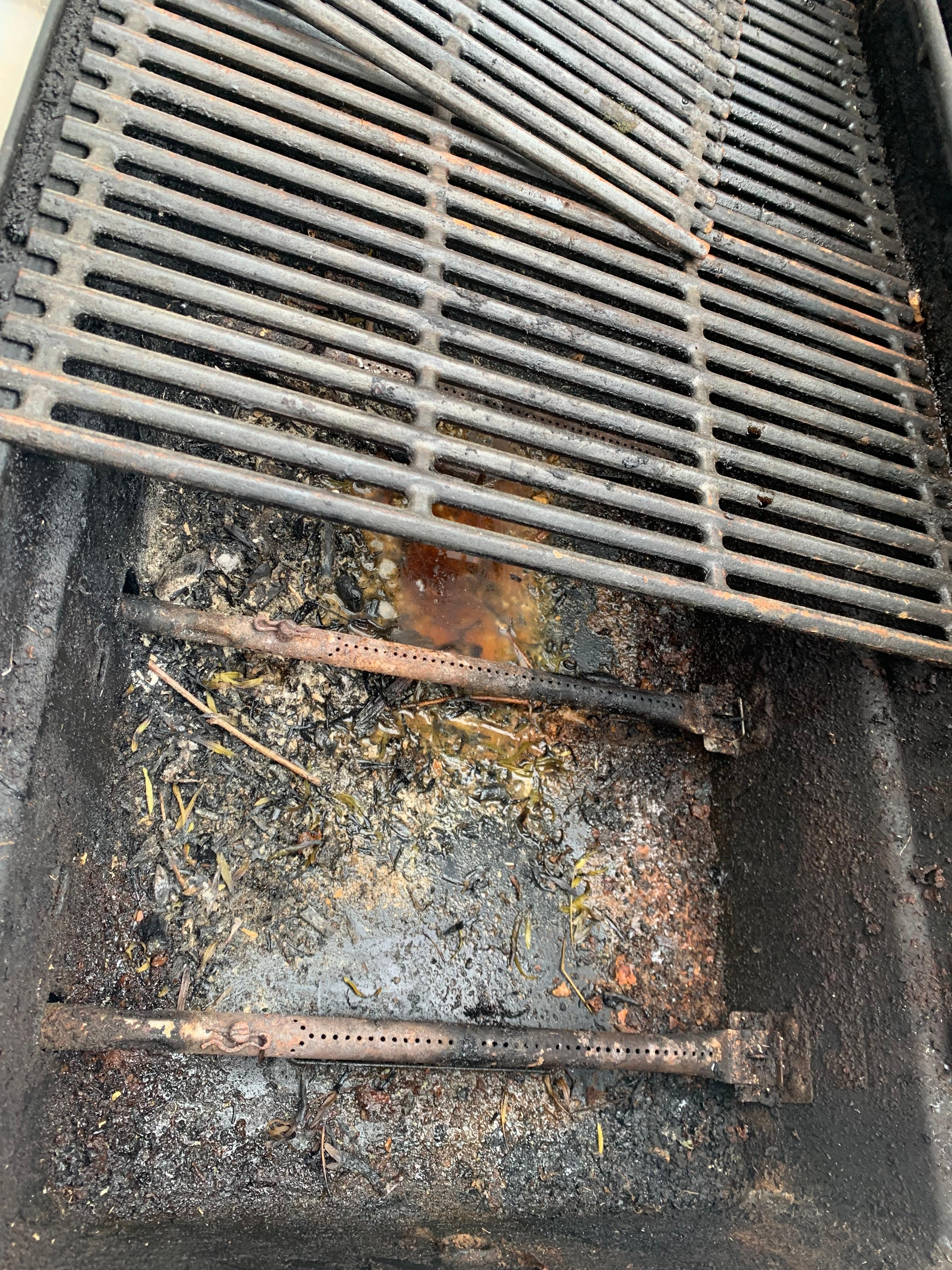 Terriblemente sucio asador con basura, insectos y gusanos.