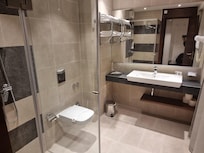 the bathroom has a window to the room (weird) good thing it had a curtain