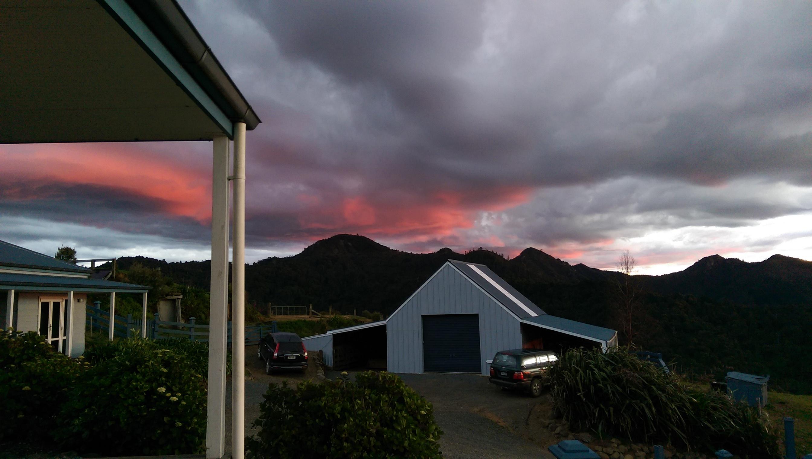 Looking out over the farm at sunset