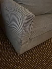 Stained, dirty and clawed or chewed by a dog