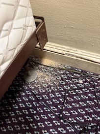 Plain view of the head of the bed at the wall- pile of something in the carpet