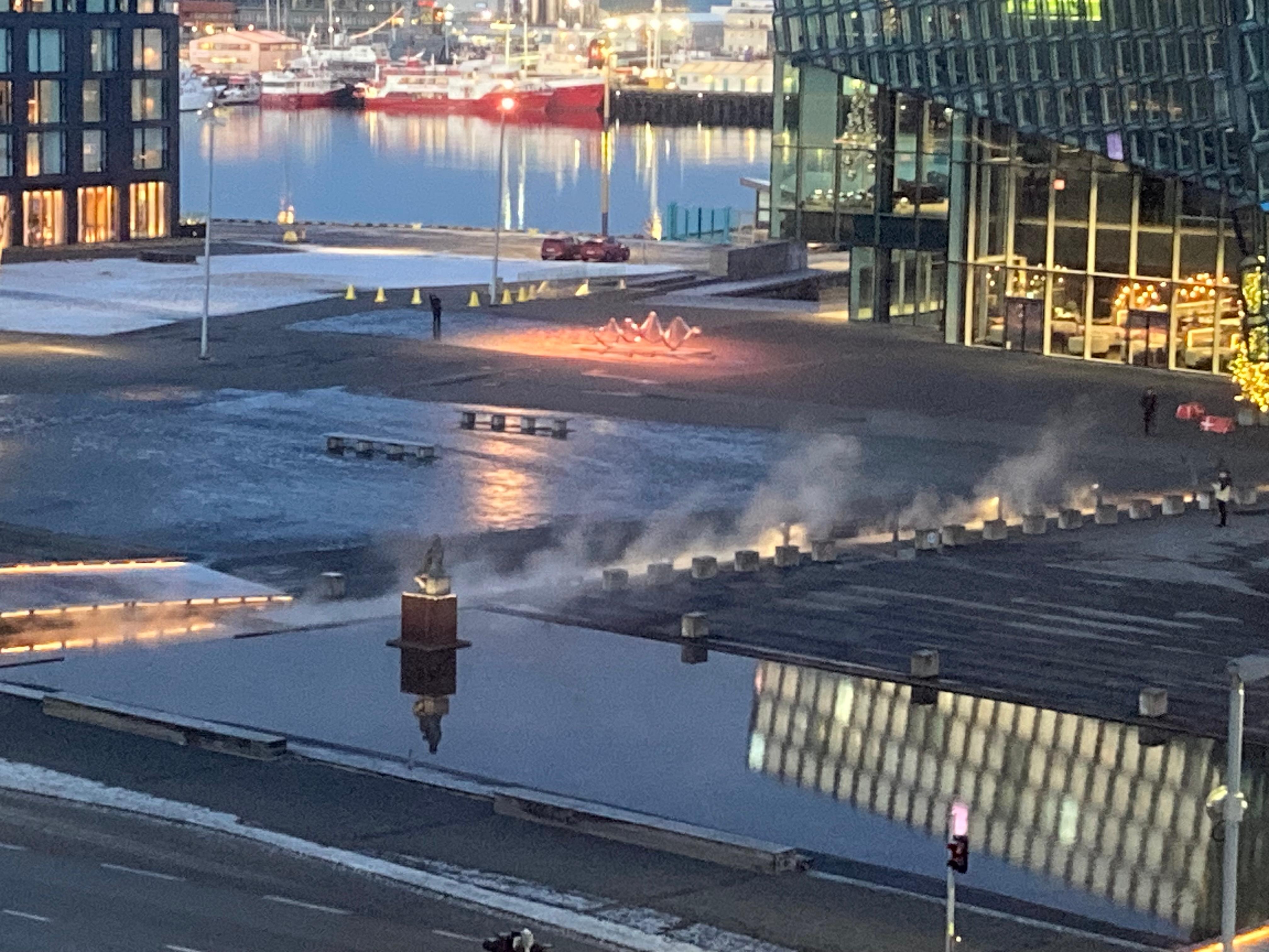 Hot spring water in front of Harpa concert hall