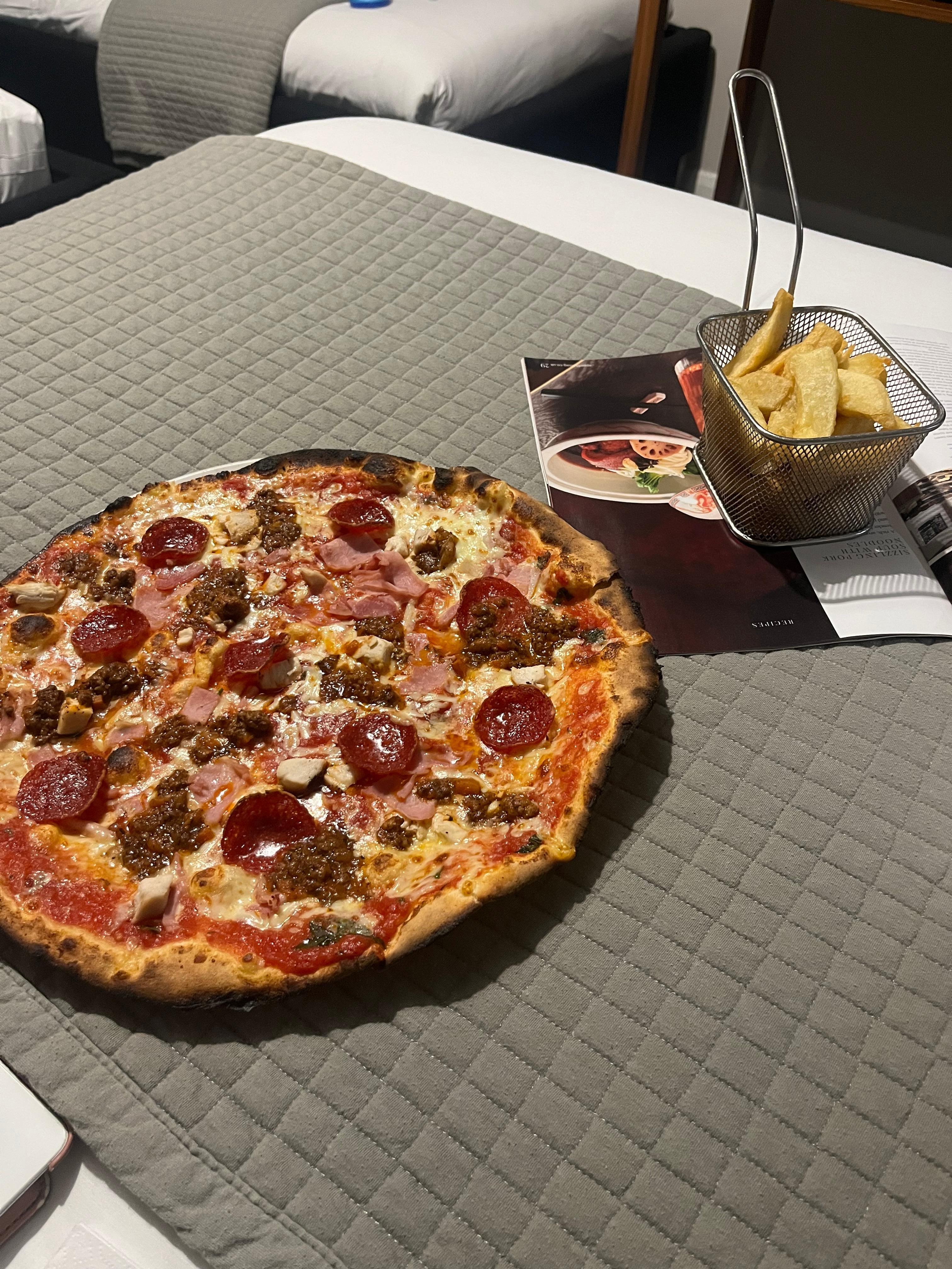 My gorgeous meat feast pizza and chunky chips 