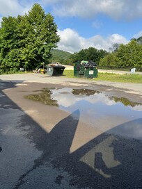 Over flowing and it stuck so much! Also a dead animal in the parking lot.