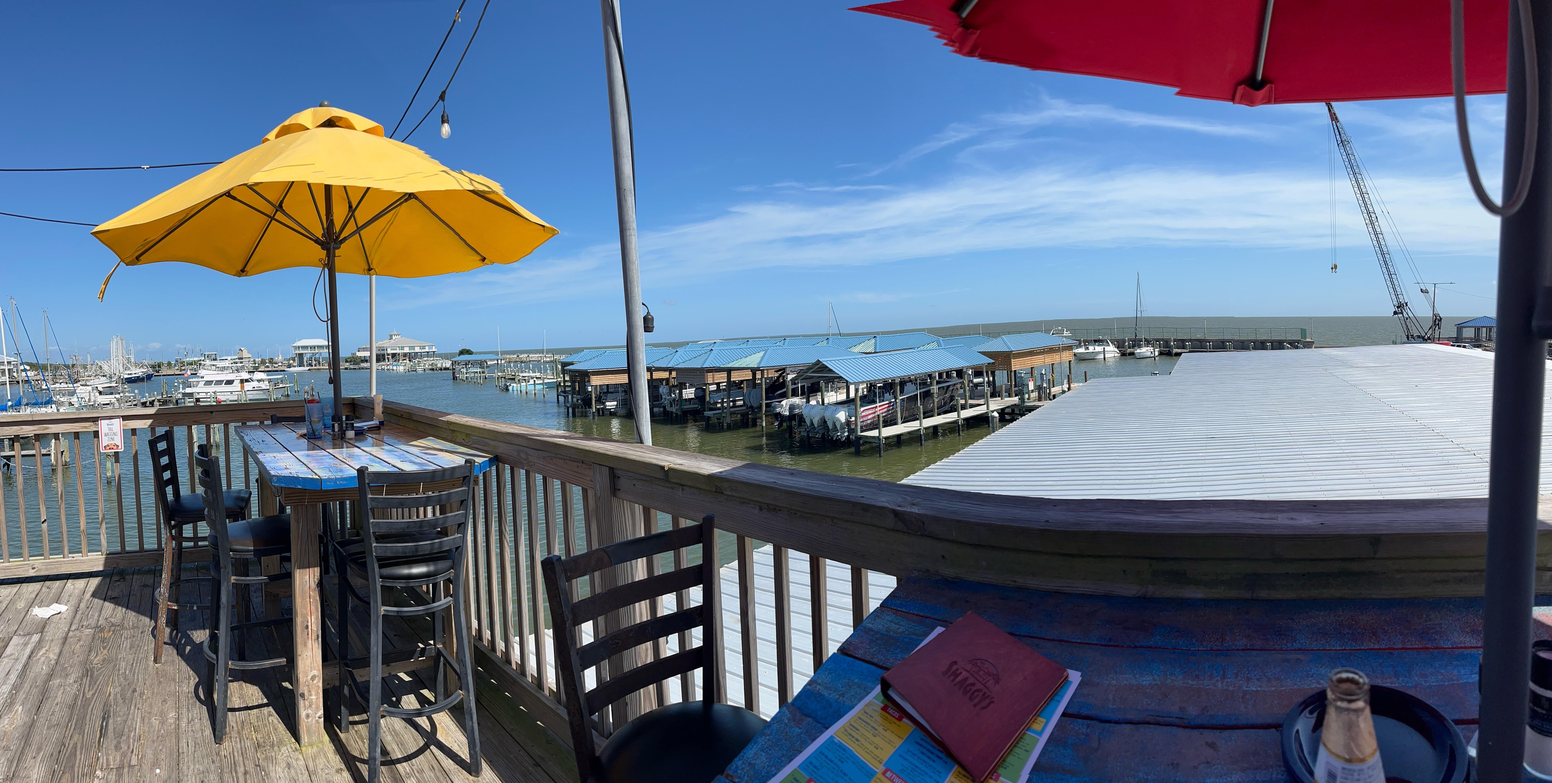View from our table at Shaggy’s and plate of dinner in Gulfport, MS