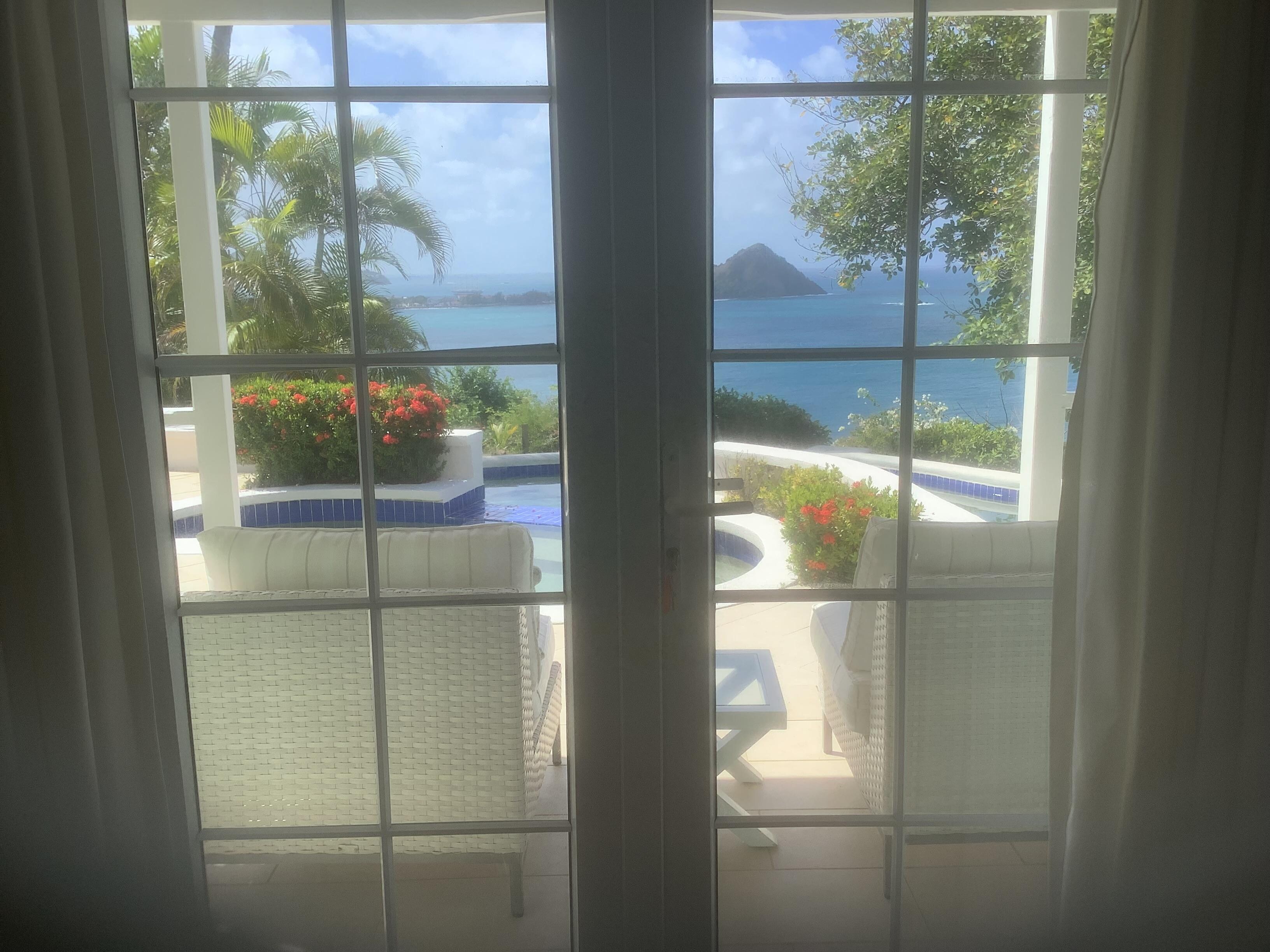 View from lower floor bedroom towards pool