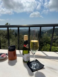 Bottle of fizz on arrival. Enjoyed on terrace with spectacular view