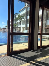 Looking out of the snack bar towards the pool