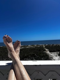 The sunny deck overlooking the backyard / beach