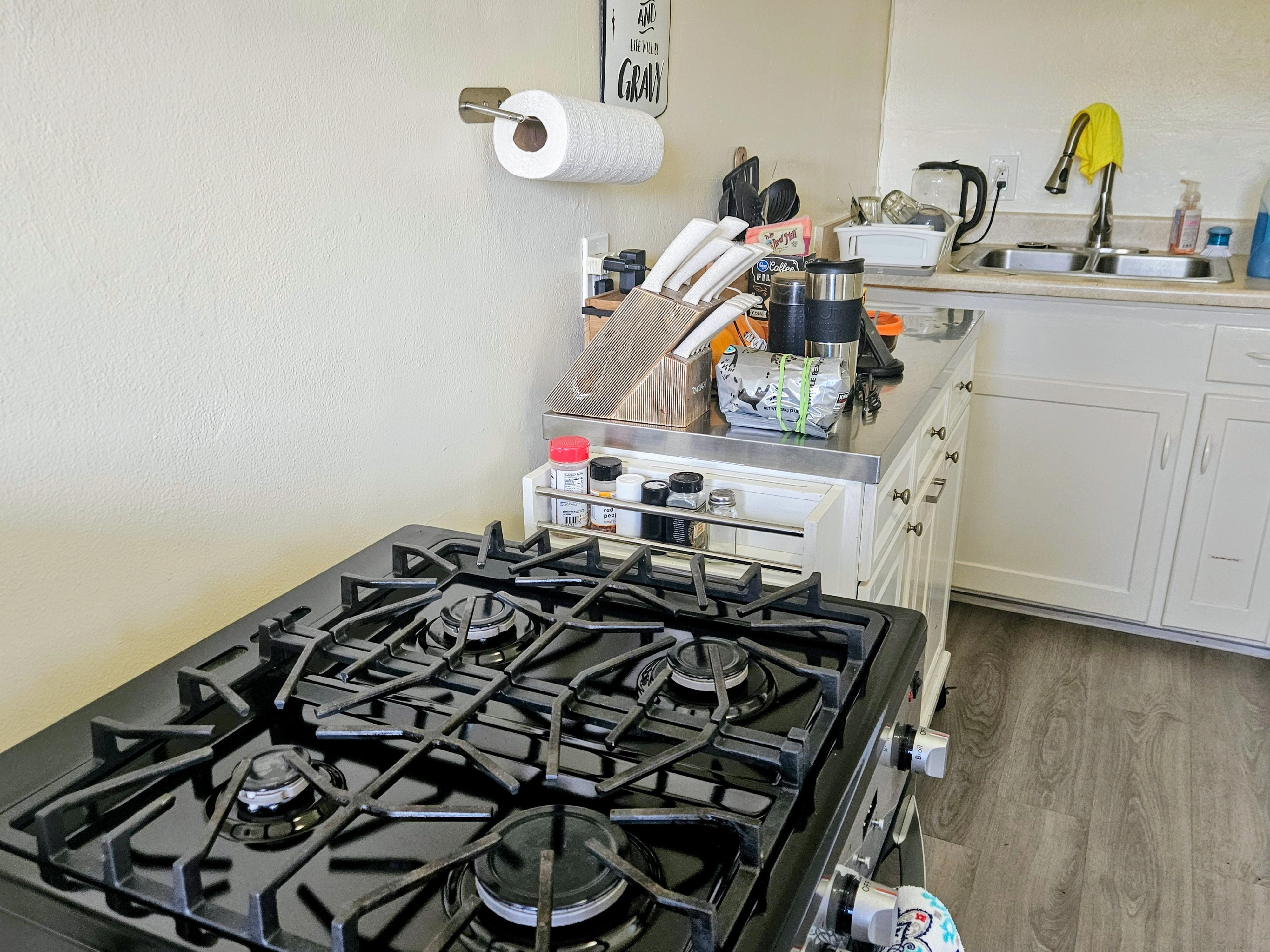 This is what passes as a kitchen. OK for pouring cereal into a bowl; not so great for cooking 