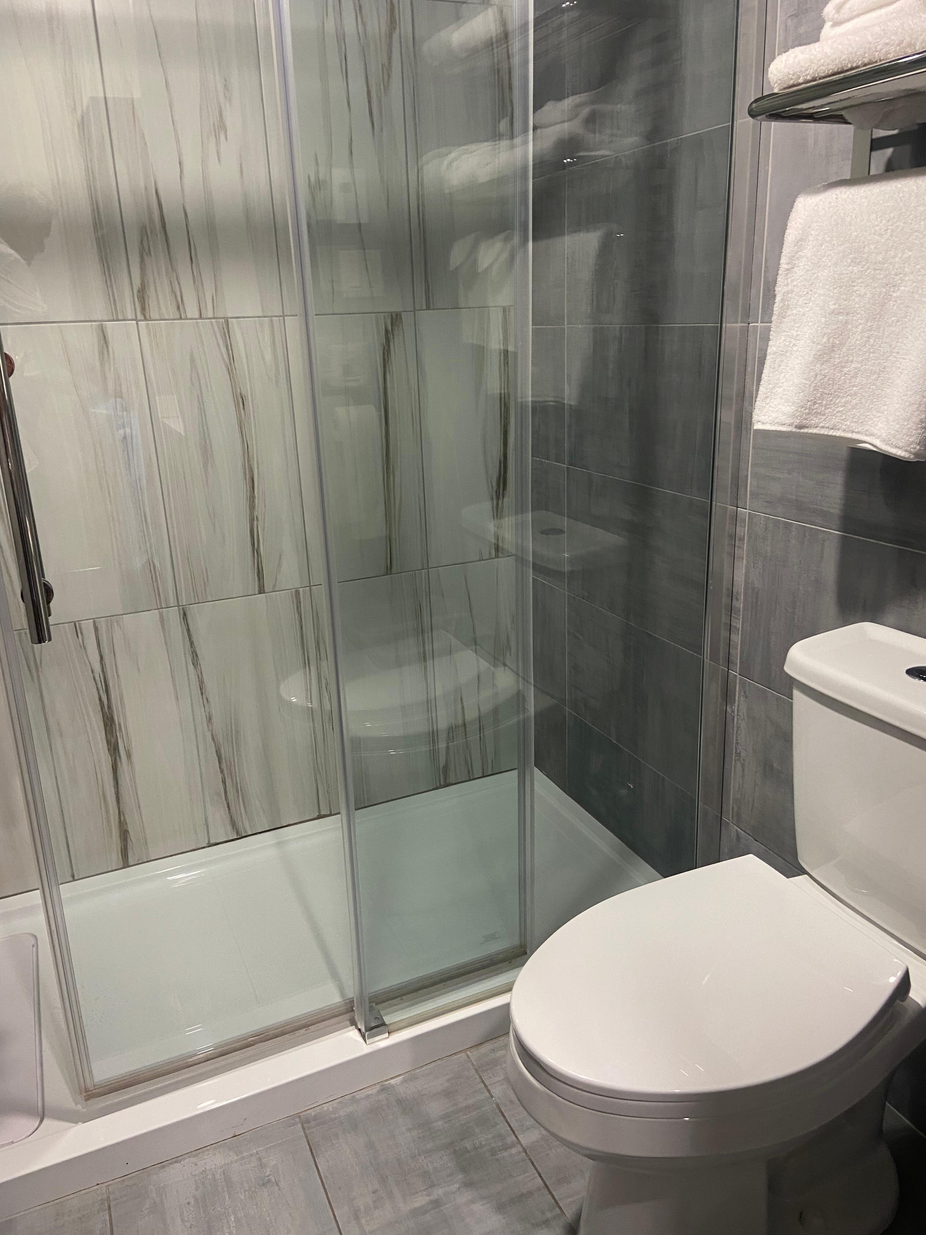 Douche avec portes vitrées, pommeau téléphone