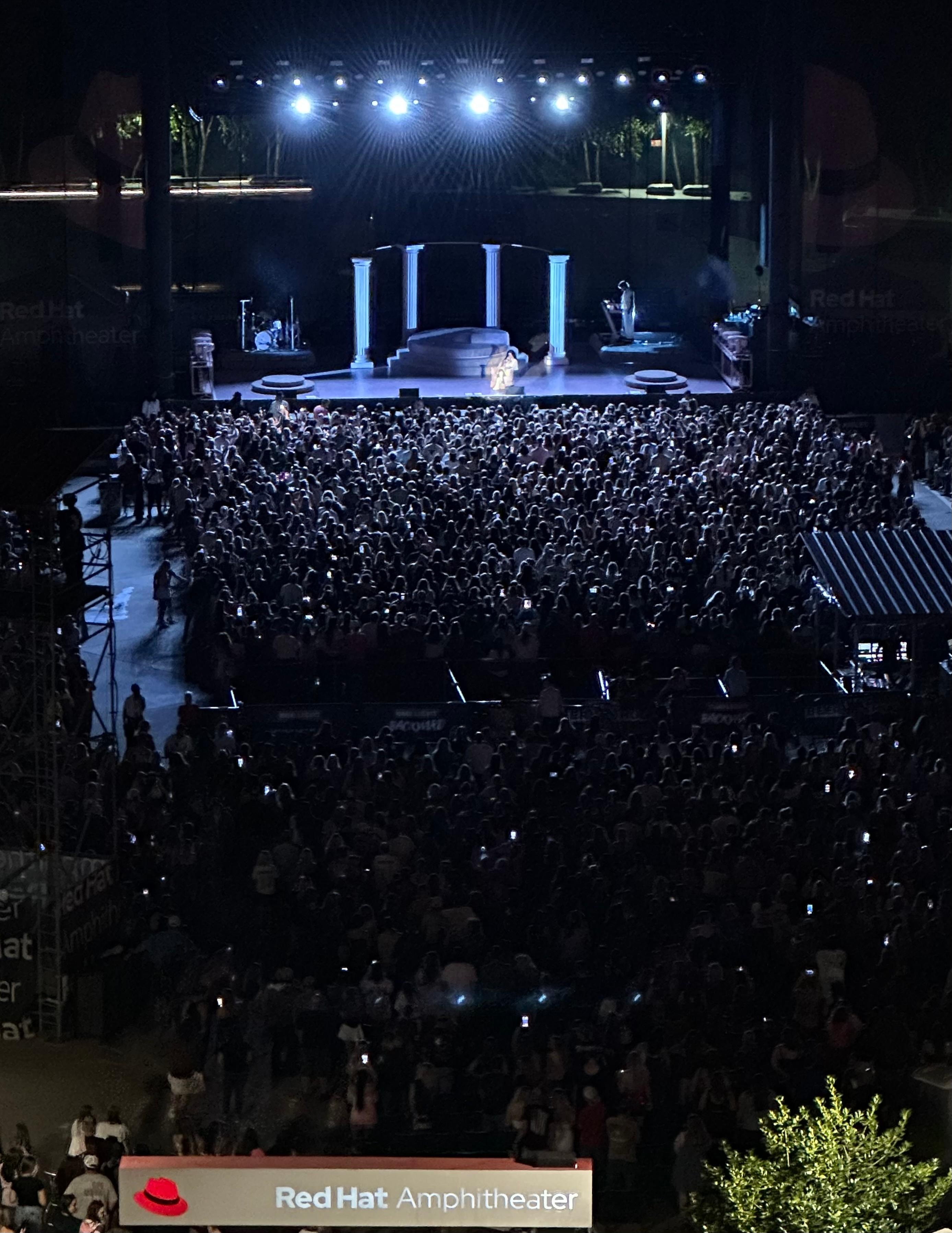 Red Hat Amphitheater concert view from rooftop of parking garage.