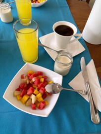 Homemade yogurt with granola, one day crepes with local jams, MTO eggs, bread. YUM.