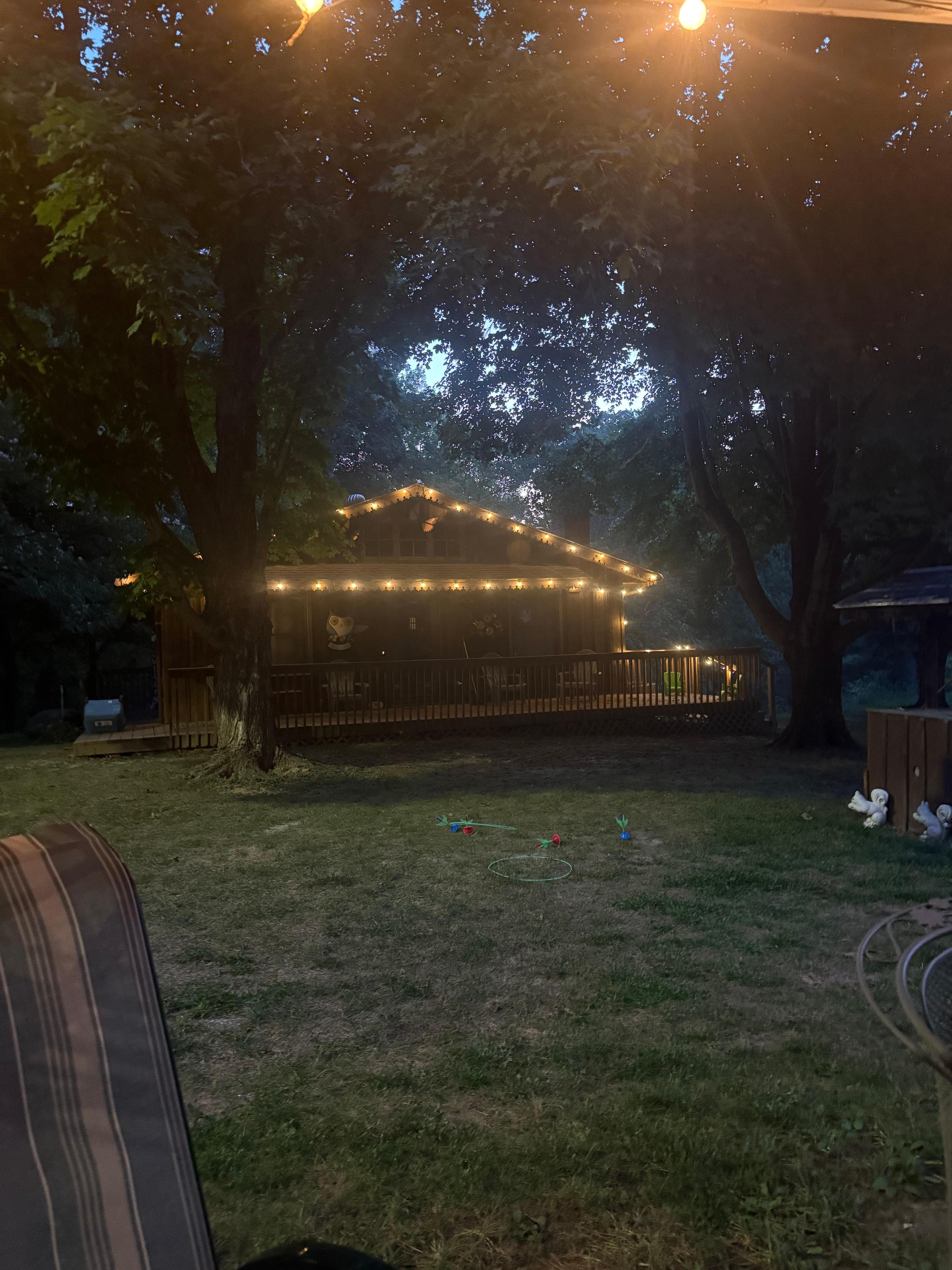 View of the cabin at night 