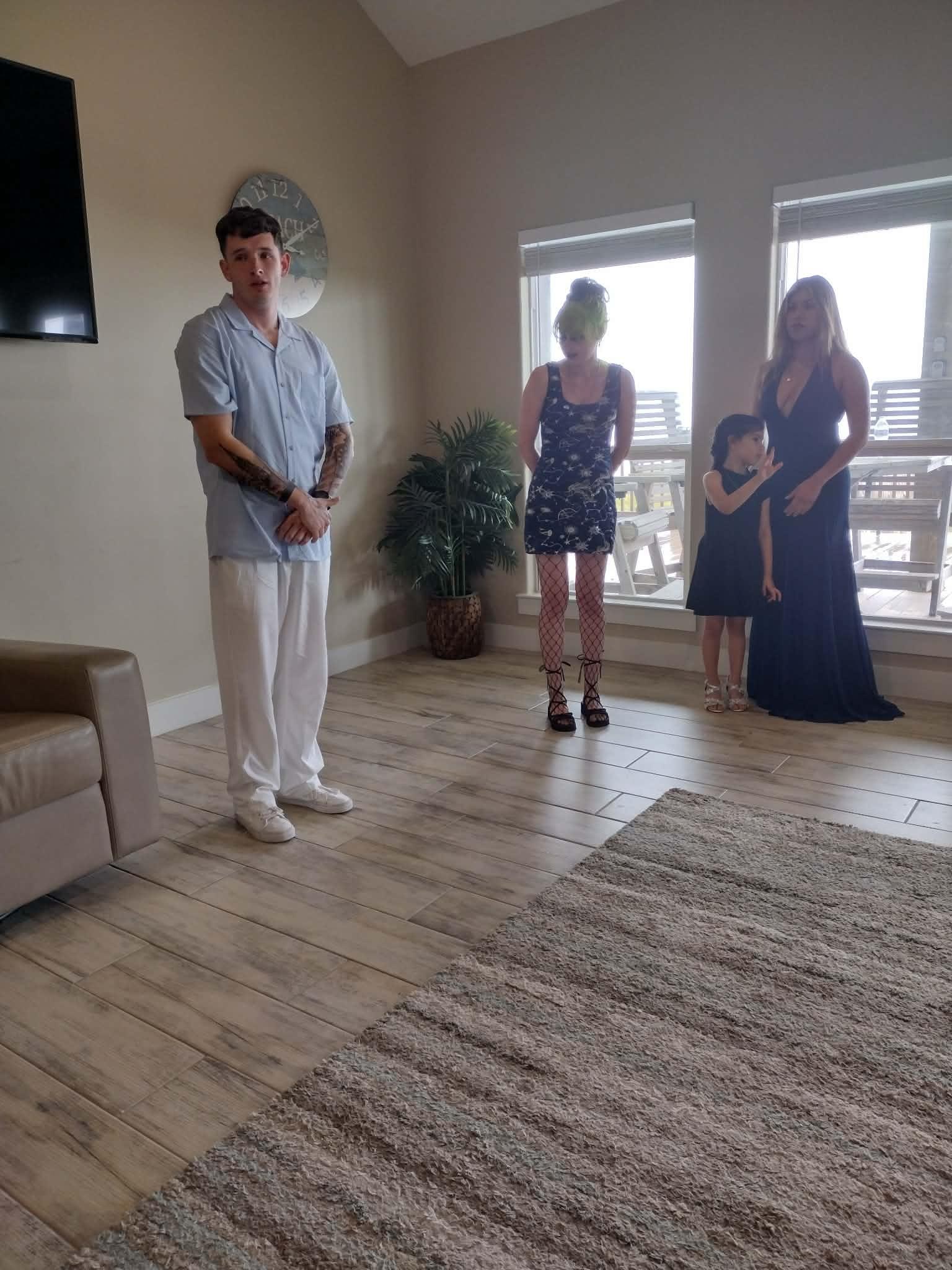 Inside the living room, we moved the furniture around so we could get married there.